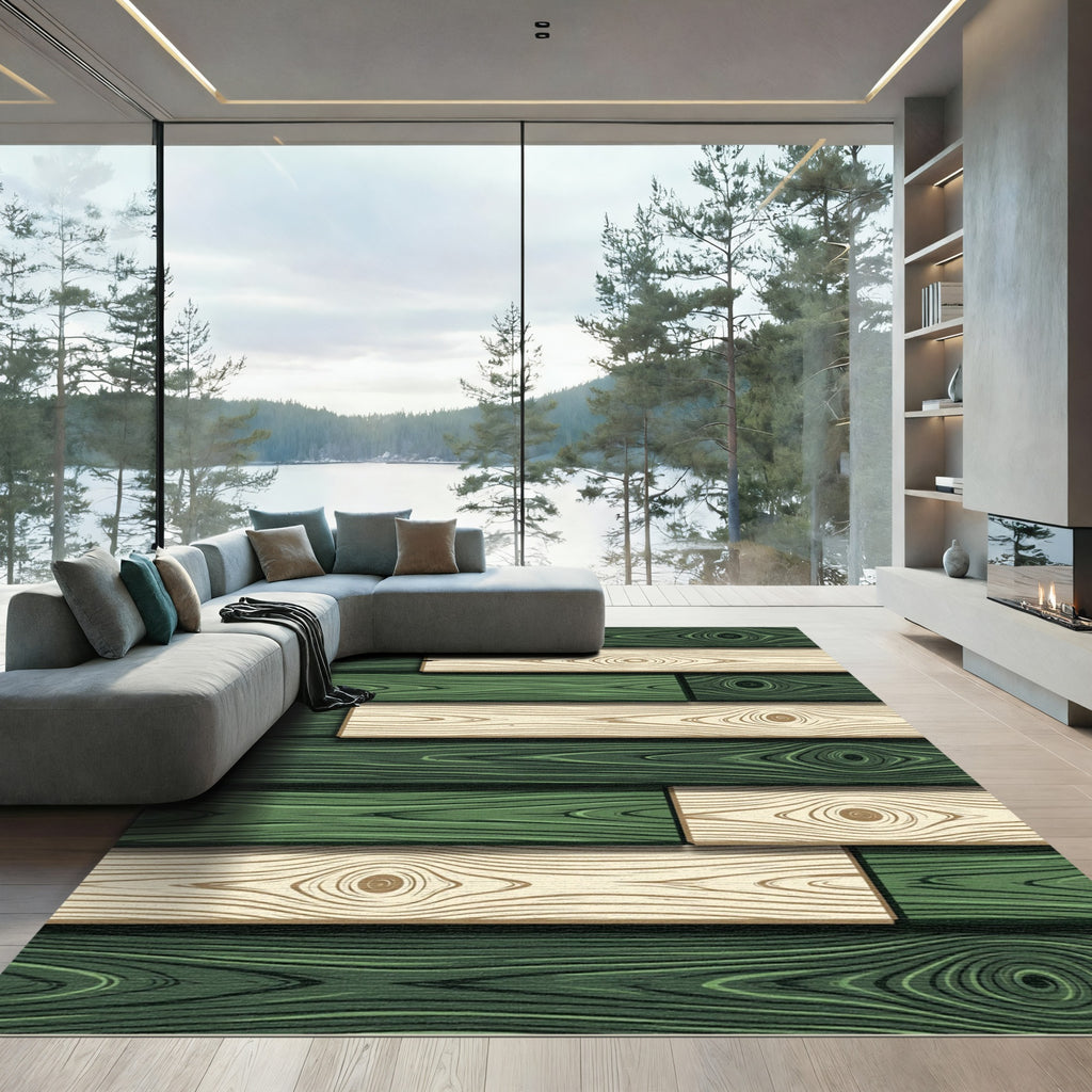 Emerald and Cream Wood Grain Plank Rug