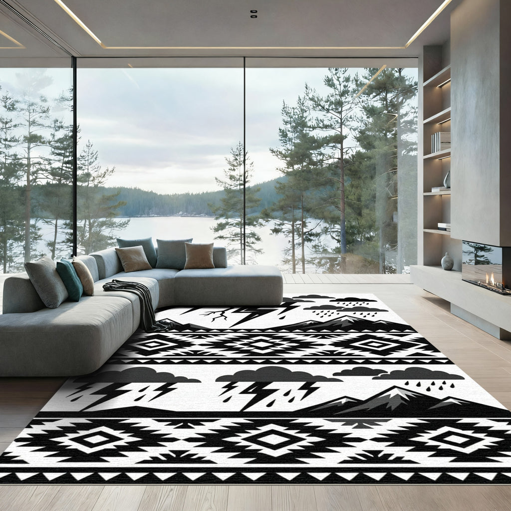 Monochromatic Tribal Storm Mountains Rug