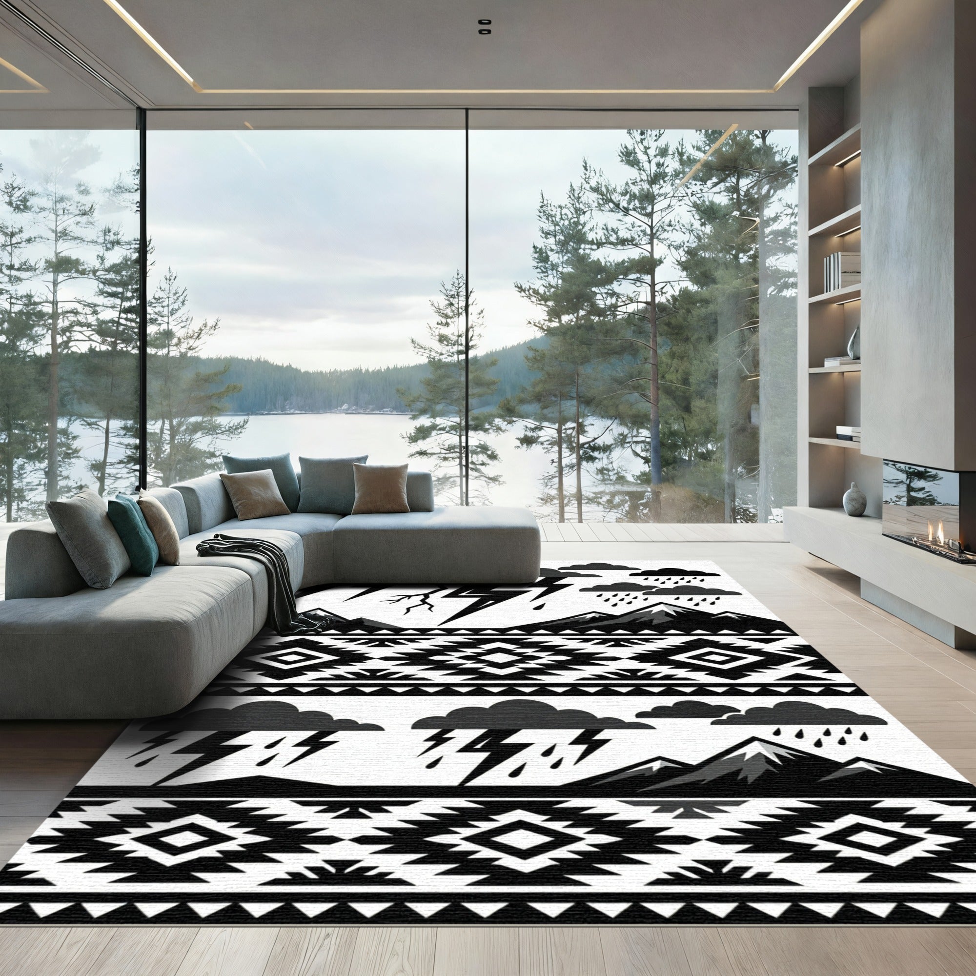 Monochromatic Tribal Storm Mountains Rug