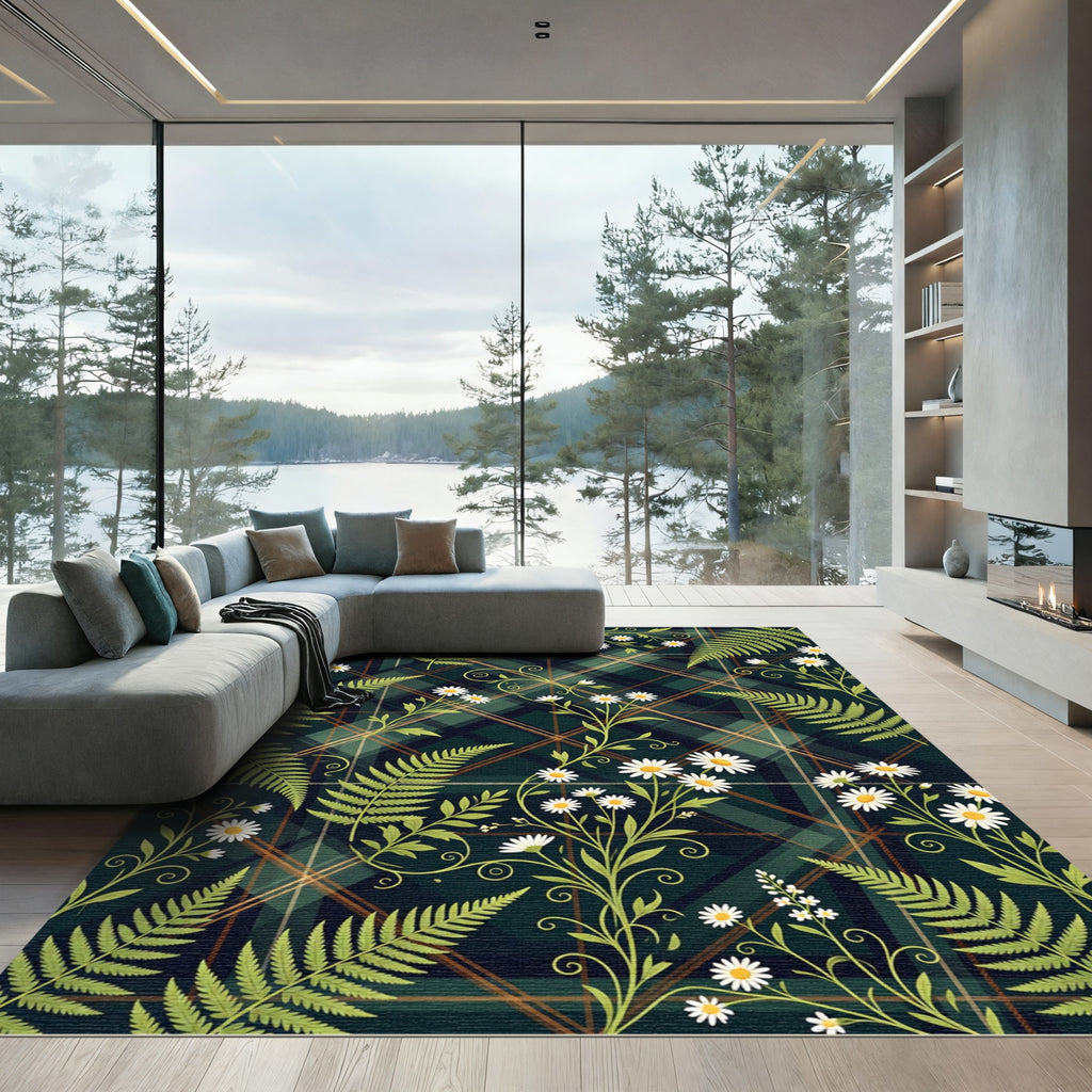 Dark Green Tartan Fern Daisy Meadow Rug