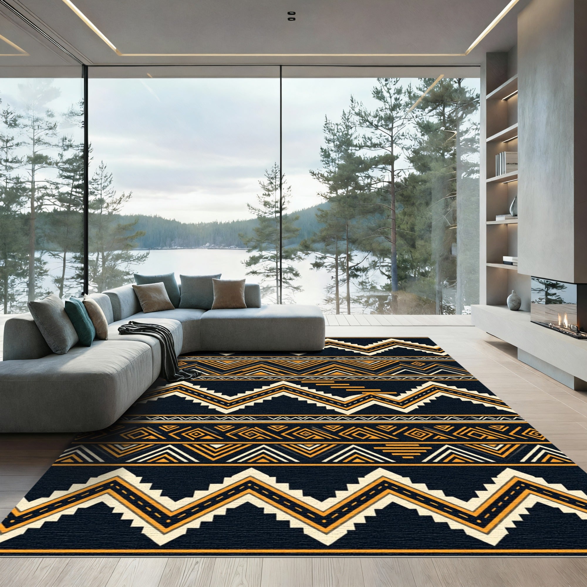 Dark Tribal Zigzag Geometric Lines Rug