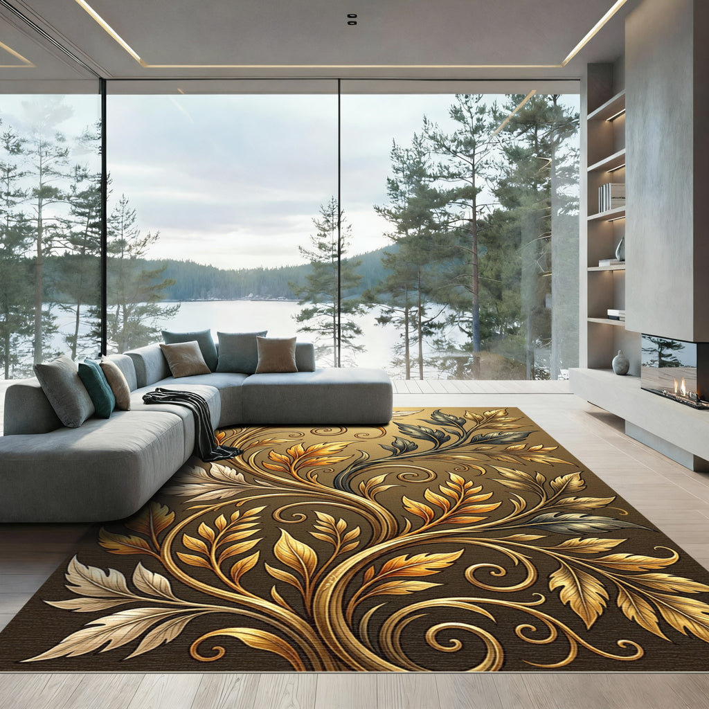 Elegant Gilded Filigree Botanical Swirl Rug