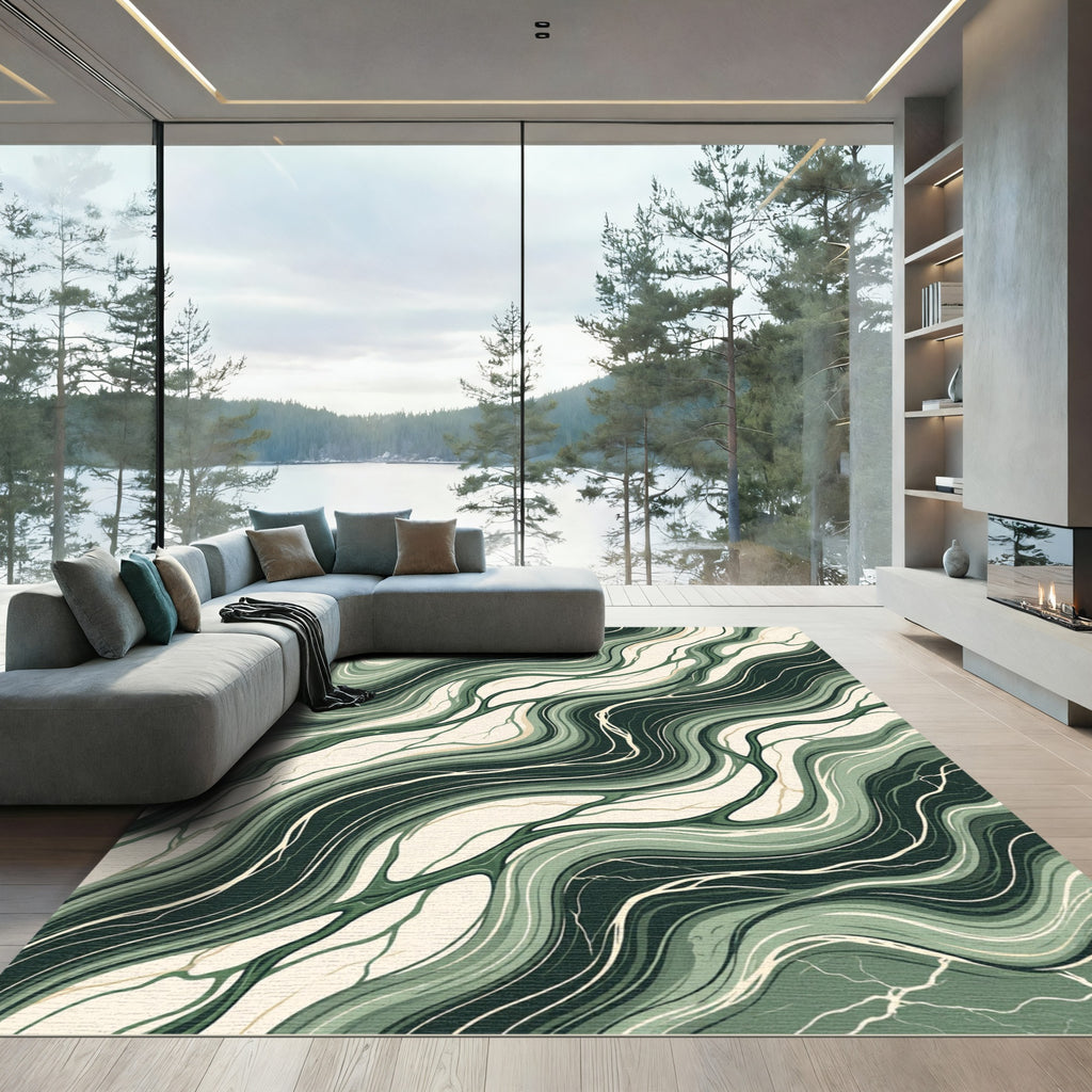 Abstract Emerald Wave Fluid Marble Rug