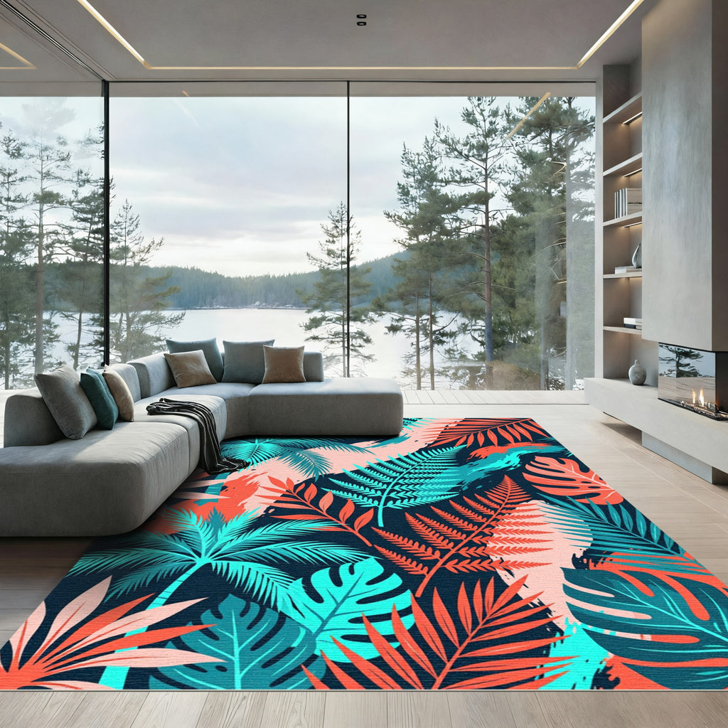 Coral Teal Tropical Palm Frond Rug