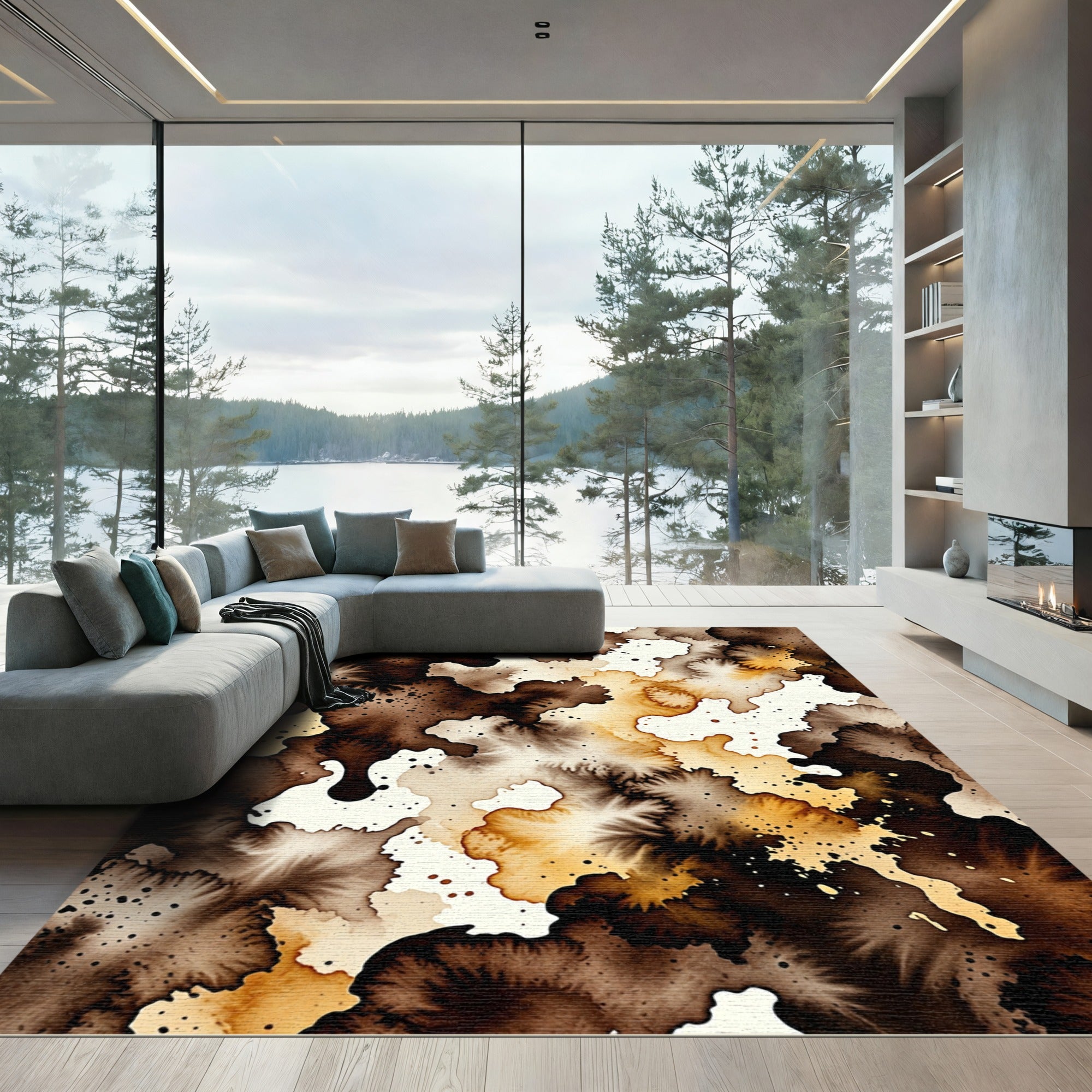 Earthy Brown Cream Splatter Abstract Rug