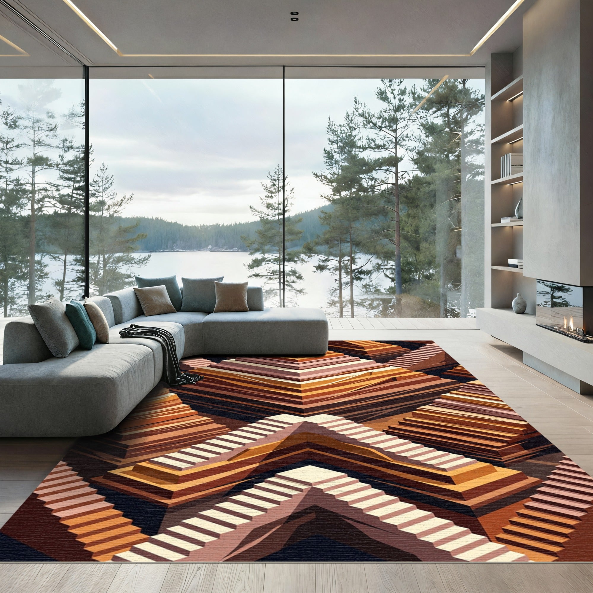 Brown Terracotta Tiered Stair Geometry Rug