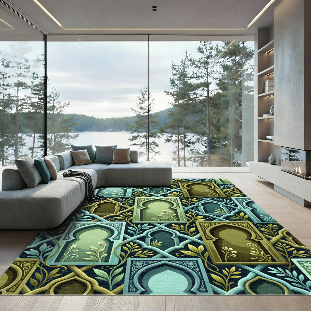 Green Teal Arched Window Foliage Rug