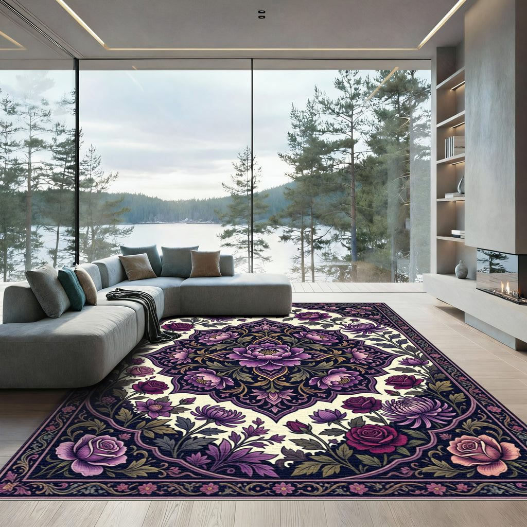Elegant Violet Floral Medallion Tapestry Rug