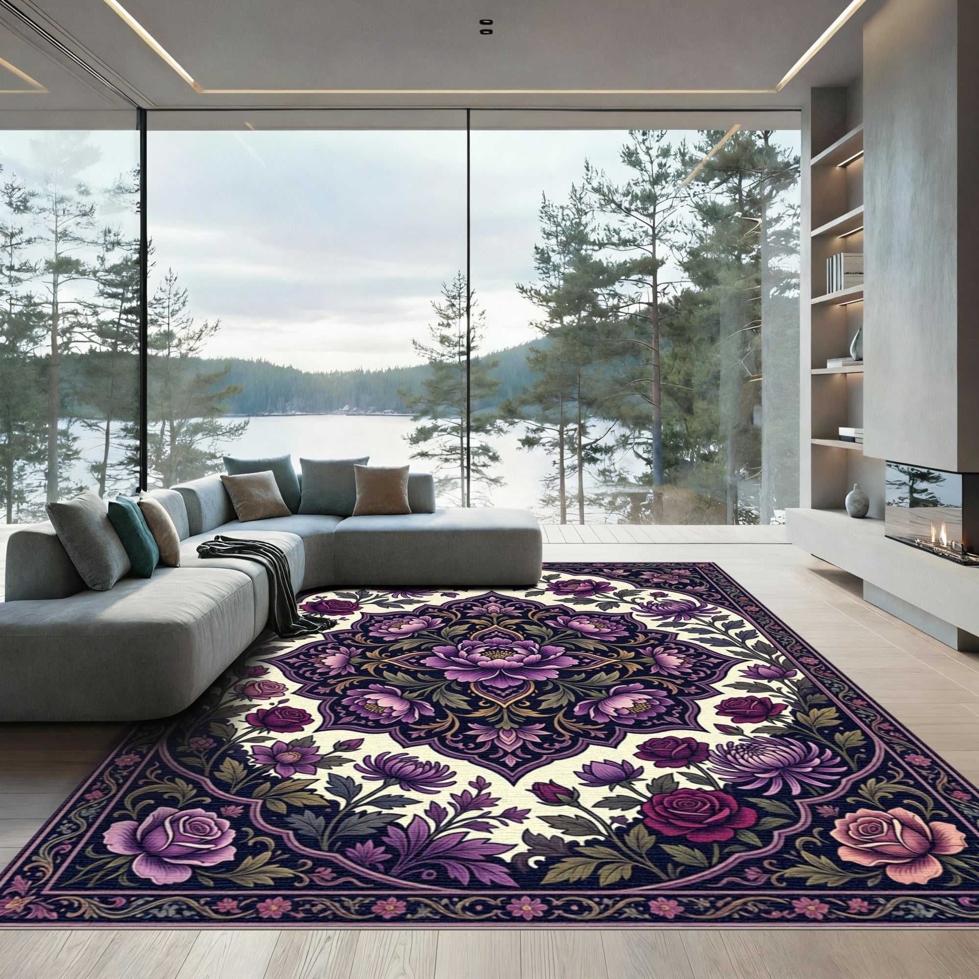 Elegant Violet Floral Medallion Tapestry Rug