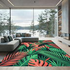 Lush Coral and Verdant Jungle Foliage Rug