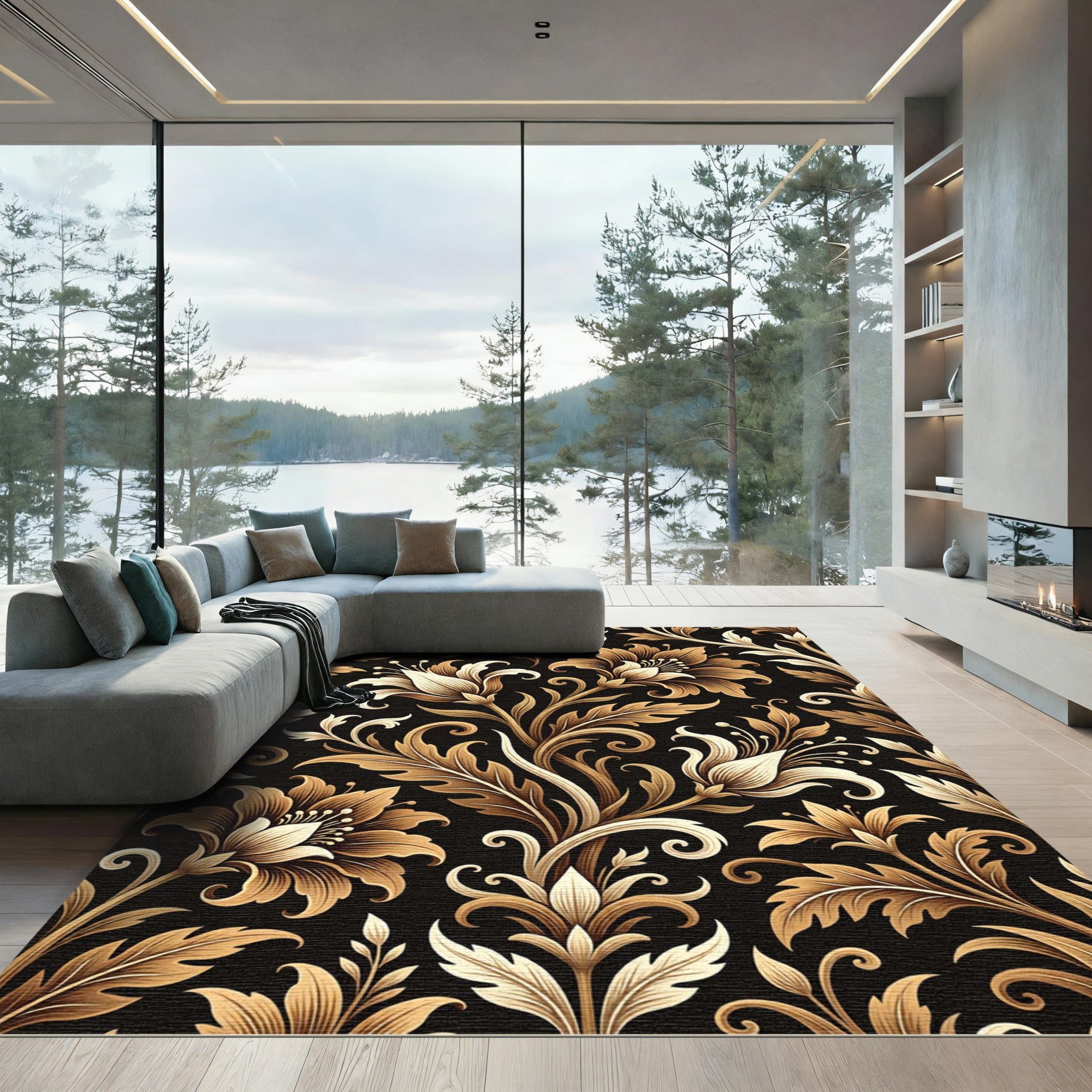 Gilded Baroque Floral Scroll Black Rug