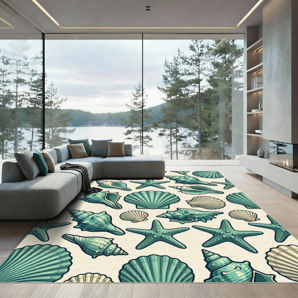 Coastal Teal Seashell and Starfish Illustration Rug