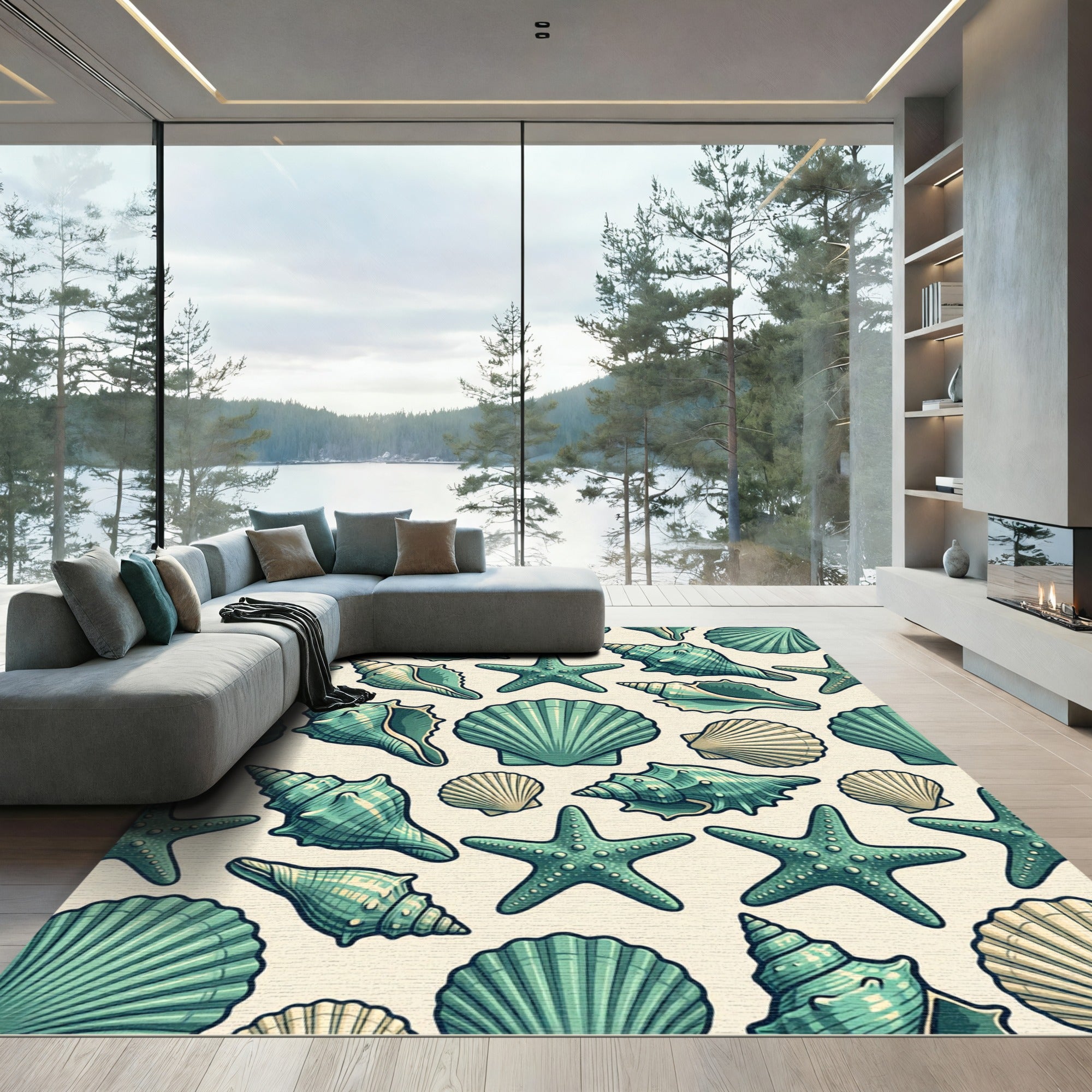 Coastal Teal Seashell and Starfish Illustration Rug