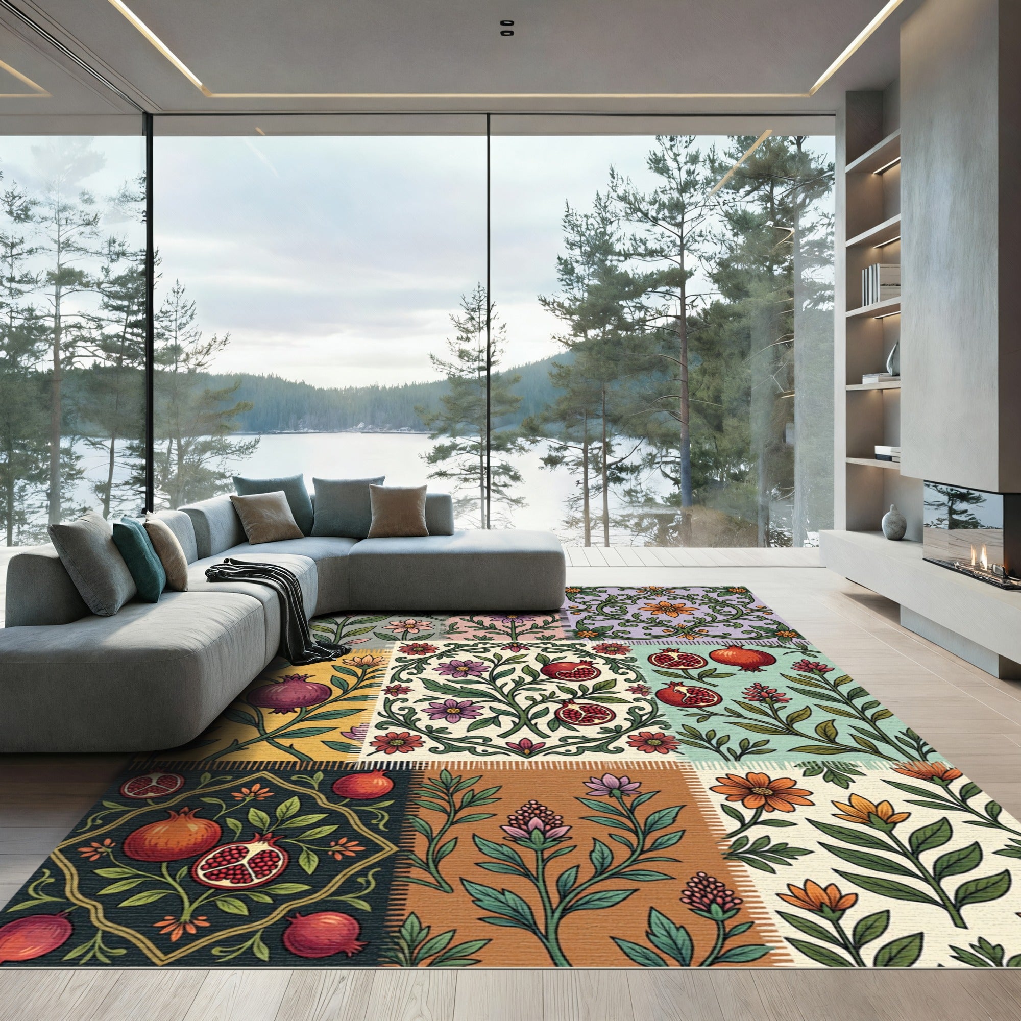 Pomegranate Patchwork Floral Folk Art Rug
