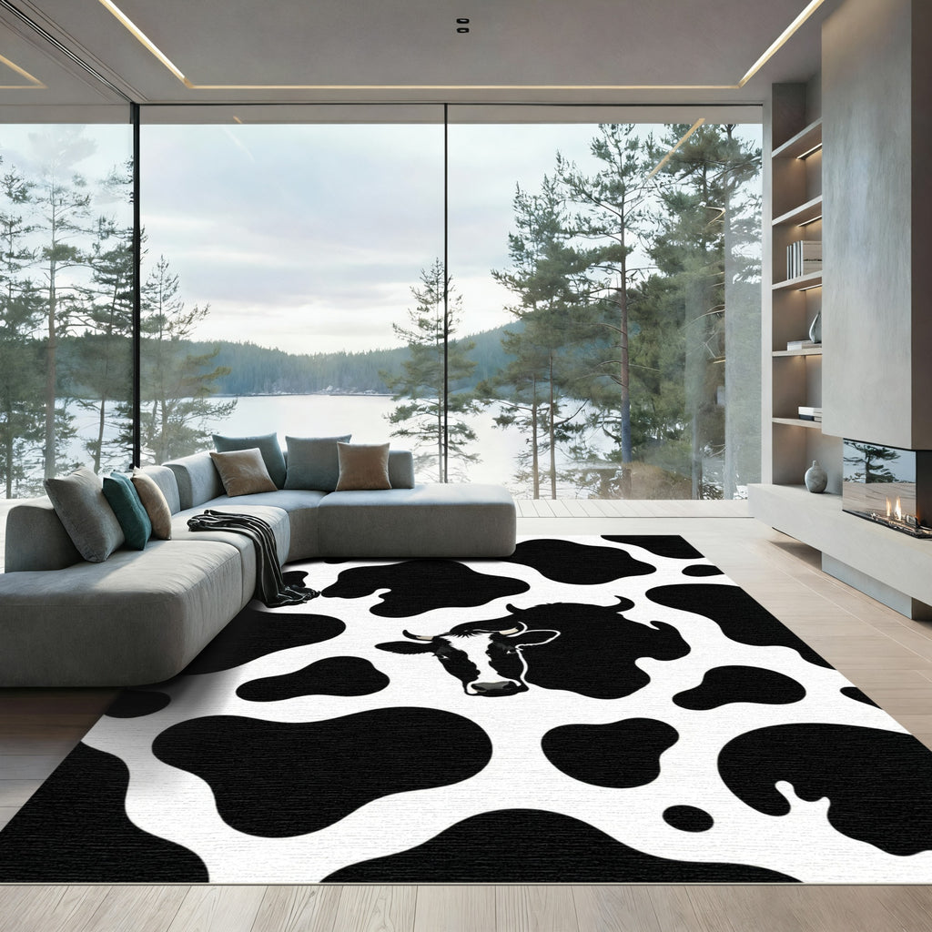 Black White Cow Spots Face Rug