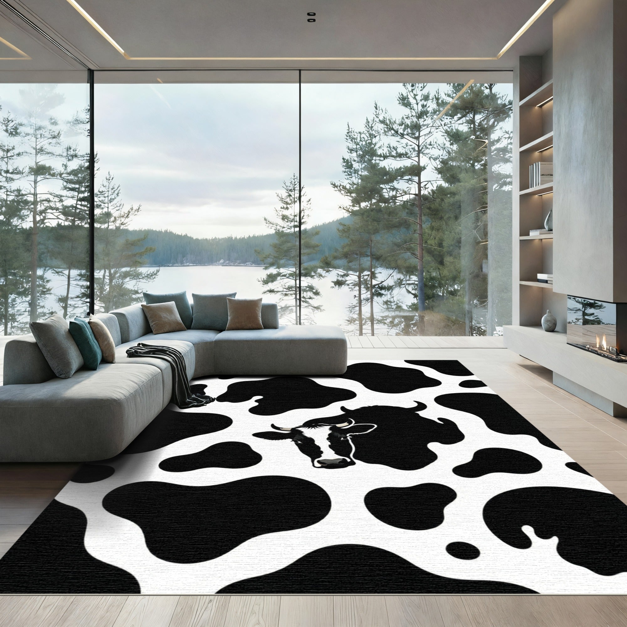Black White Cow Spots Face Rug