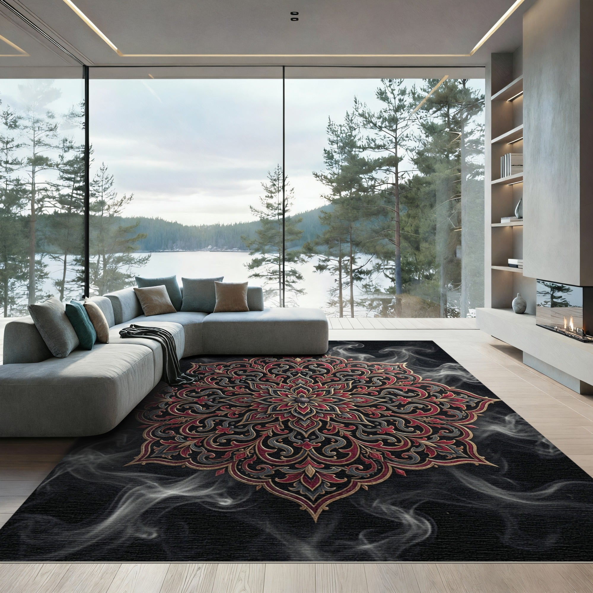 Ethereal Crimson Gold Ornate Medallion Rug