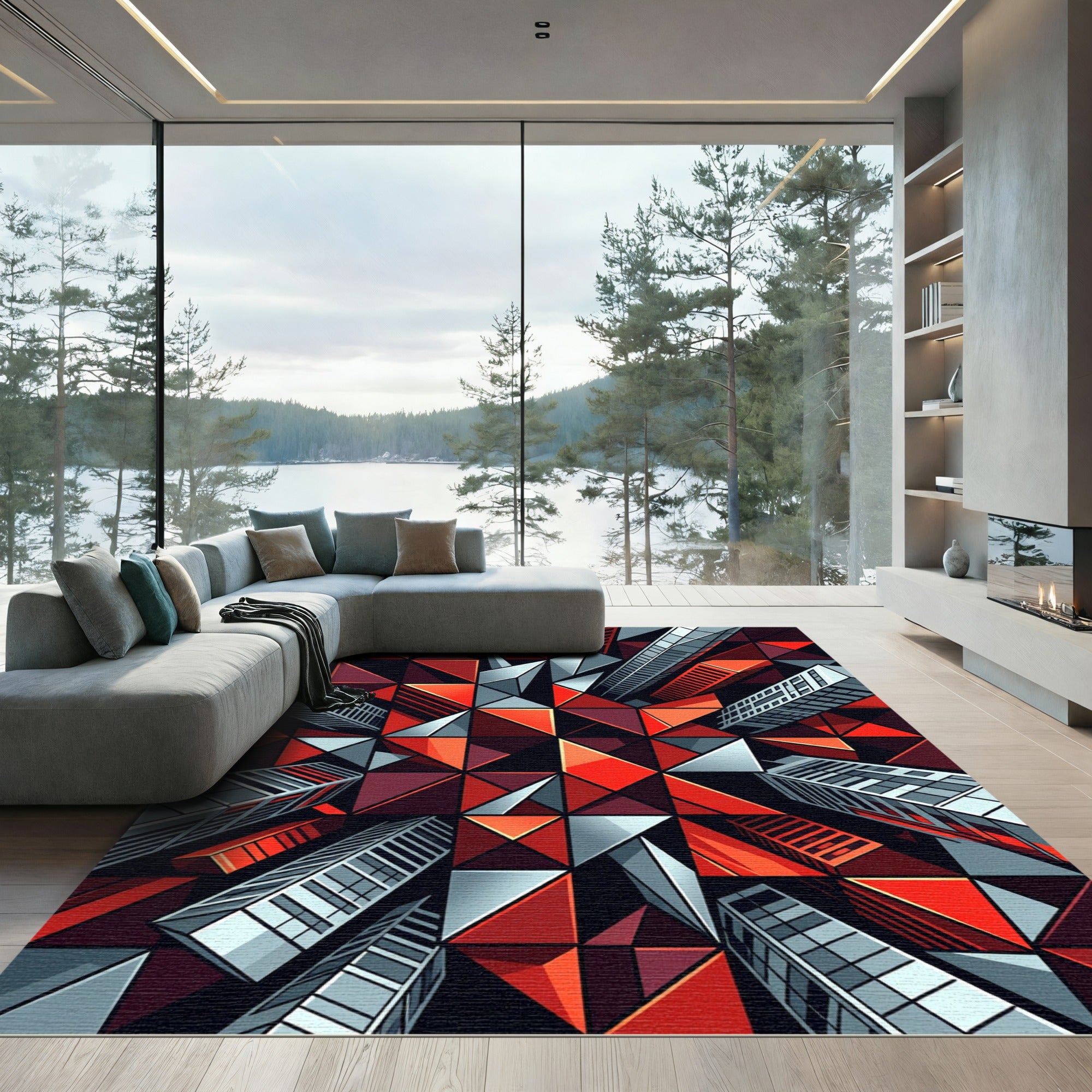 Geometric Red Cityscape Towers Rug