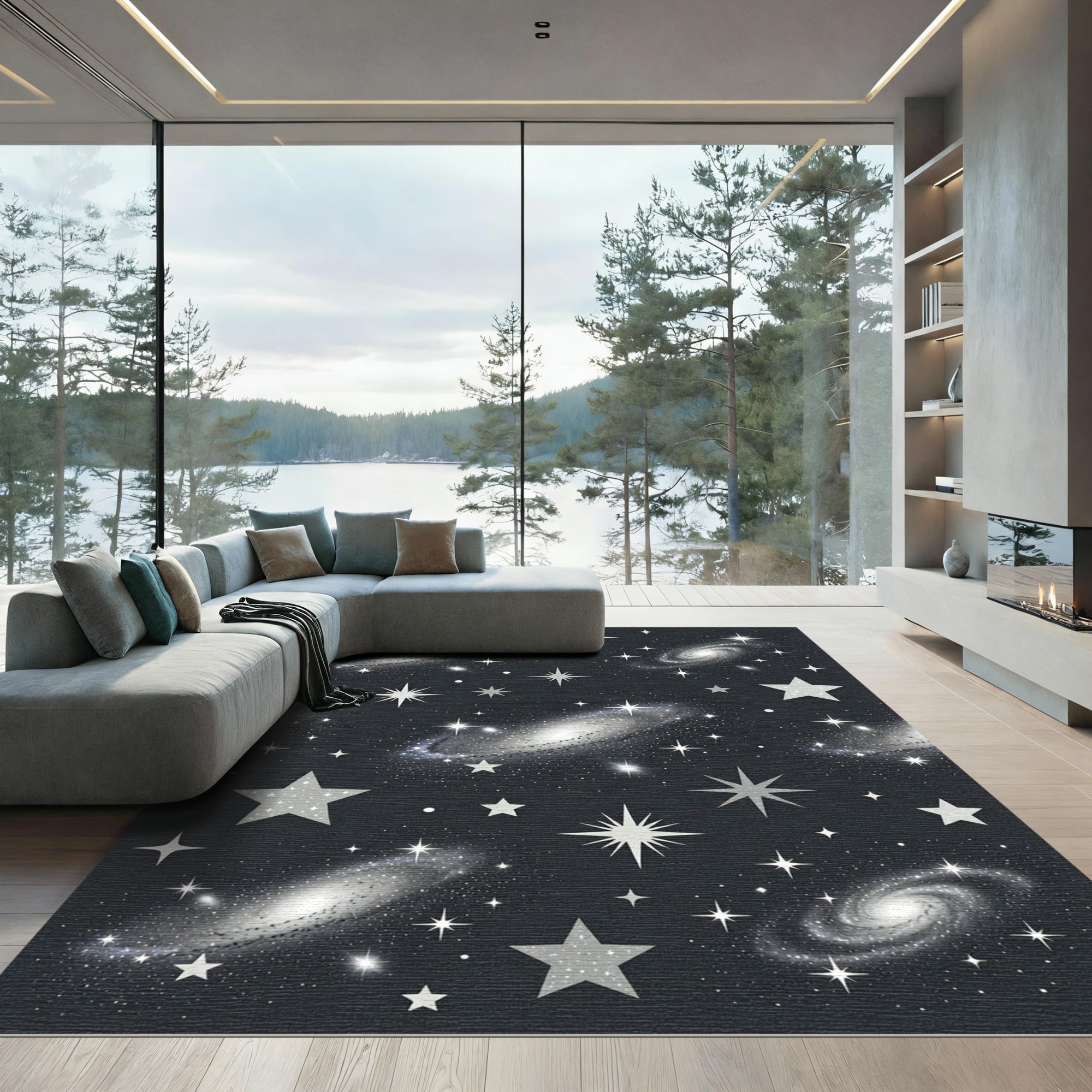 Cosmic Gray Spiral Galaxy Star Rug