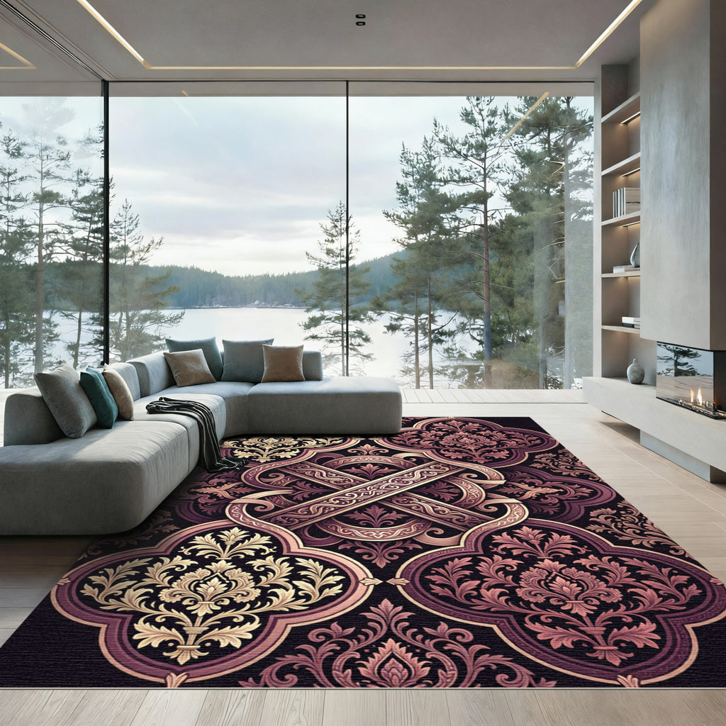 Elegant Damask Mauve Floral Scrollwork Rug
