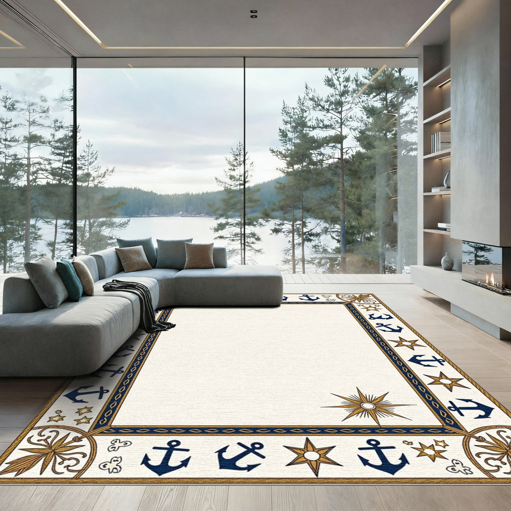 Nautical Navy Anchor Star Border Rug