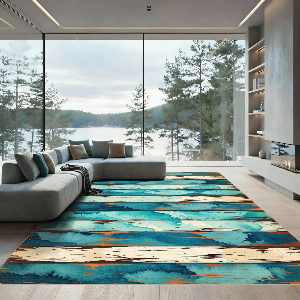 Distressed Blue Aqua Weathered Wood Rug