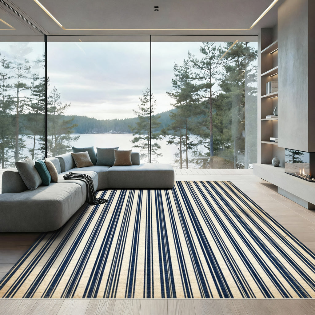 Classic Navy and Cream Pinstriped Rug
