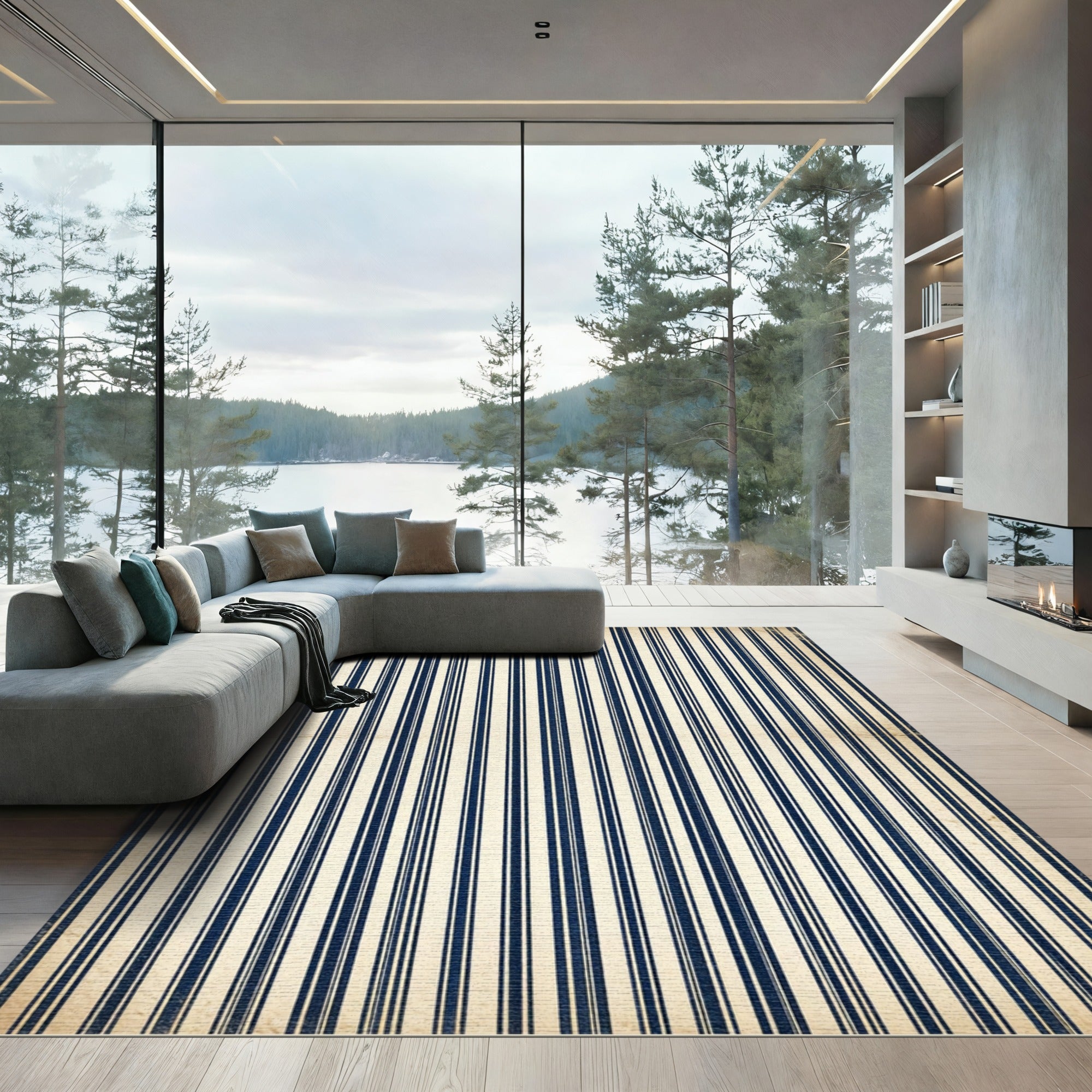 Classic Navy and Cream Pinstriped Rug