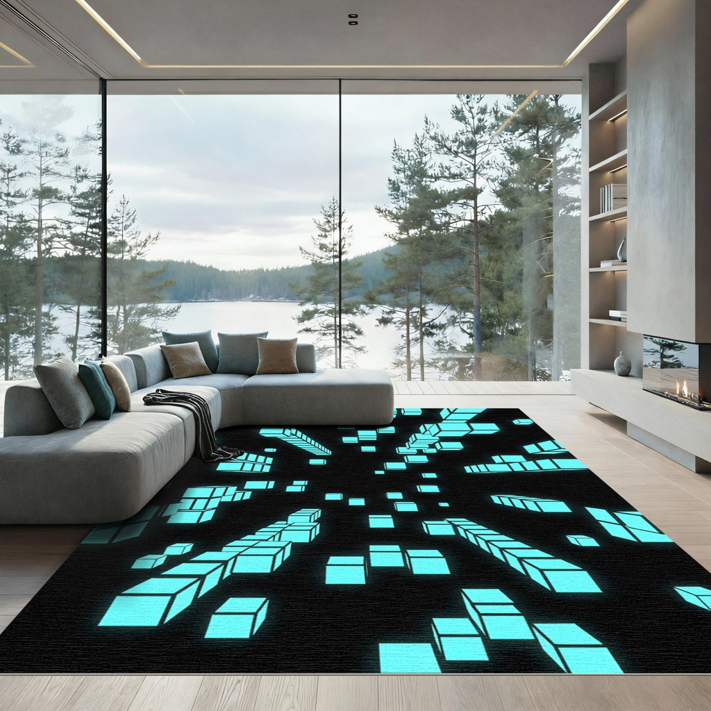 Neon Blue Geometric Floating Cubes Abstract Rug