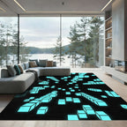 Neon Blue Geometric Floating Cubes Abstract Rug