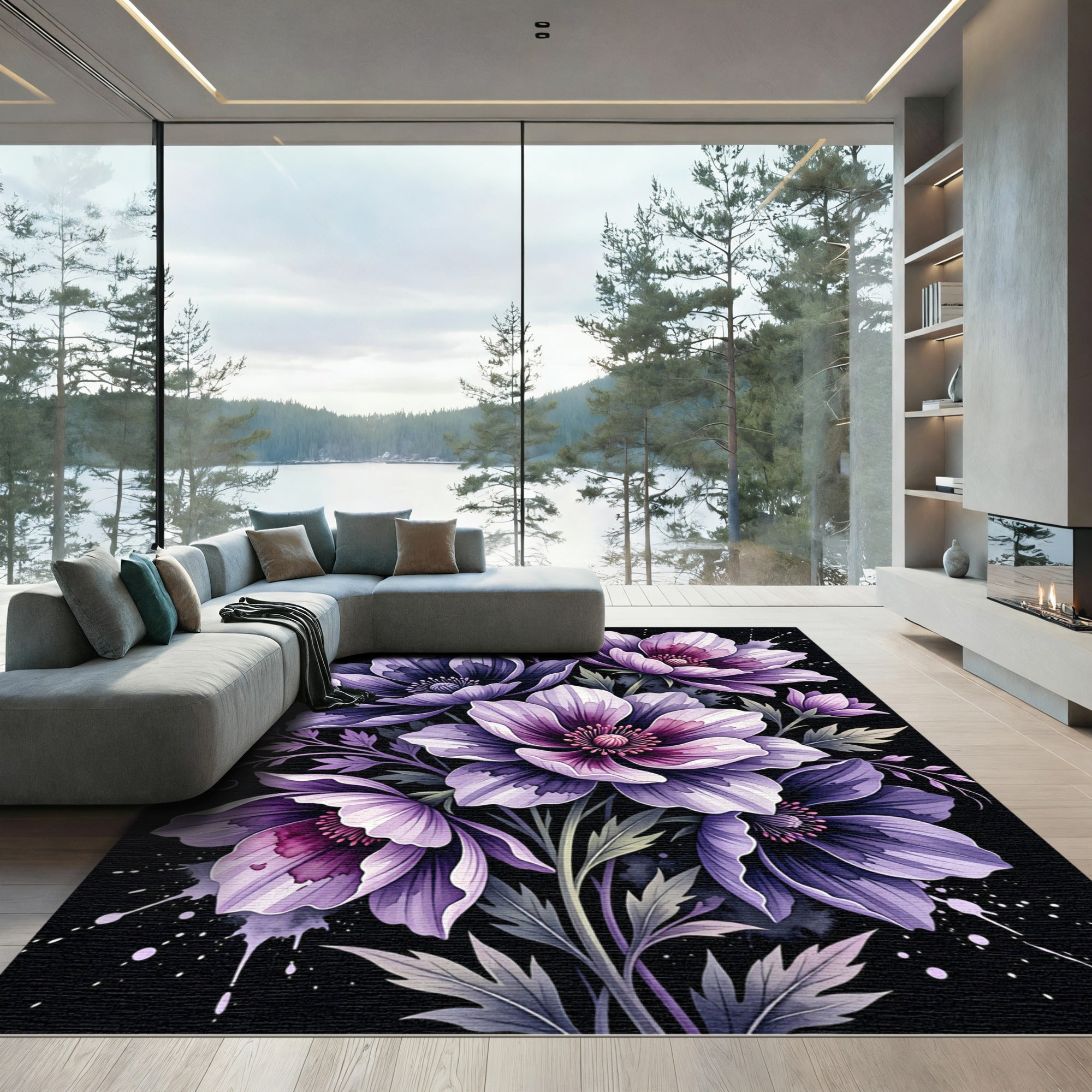 Elegant Lavender Anemone Floral Bouquet Art Rug