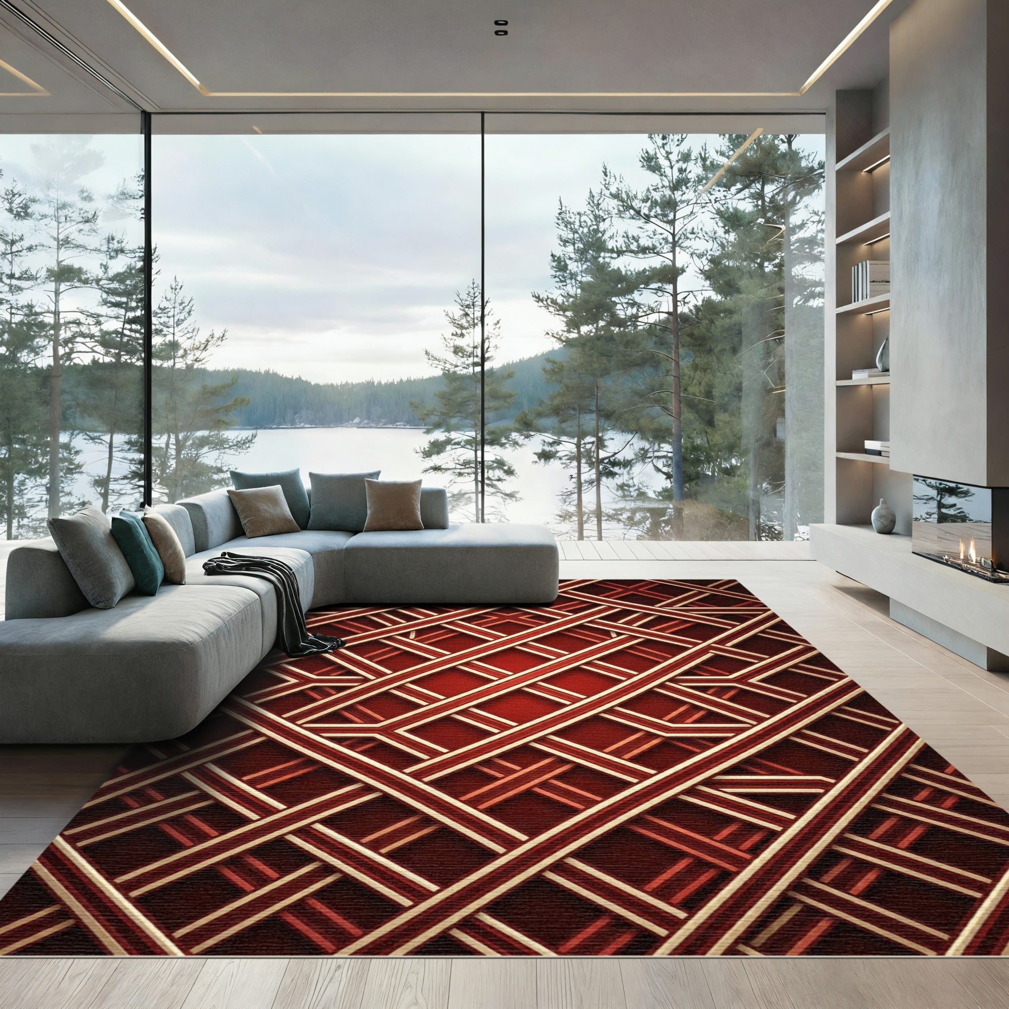 Crimson Gold Interlocking Lattice Rug