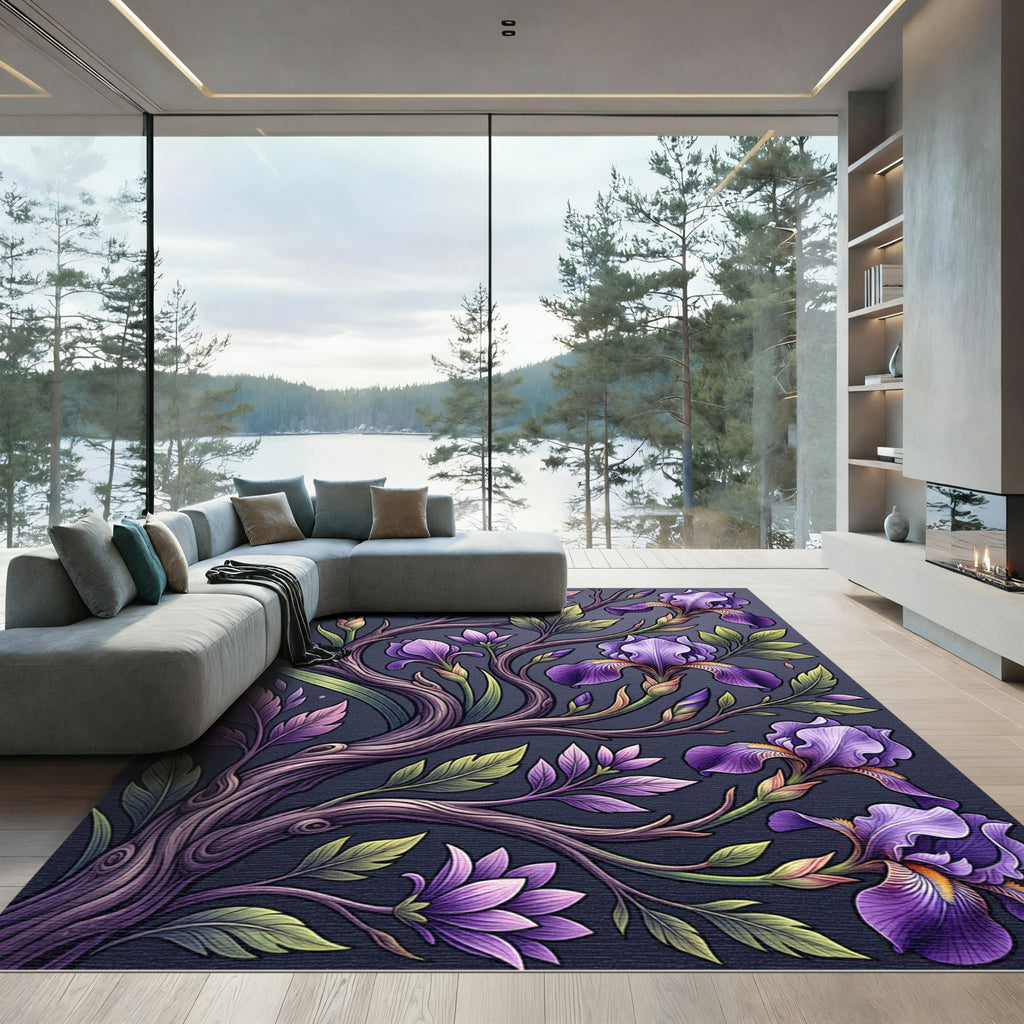 Elegant Purple Iris Floral Branches Rug