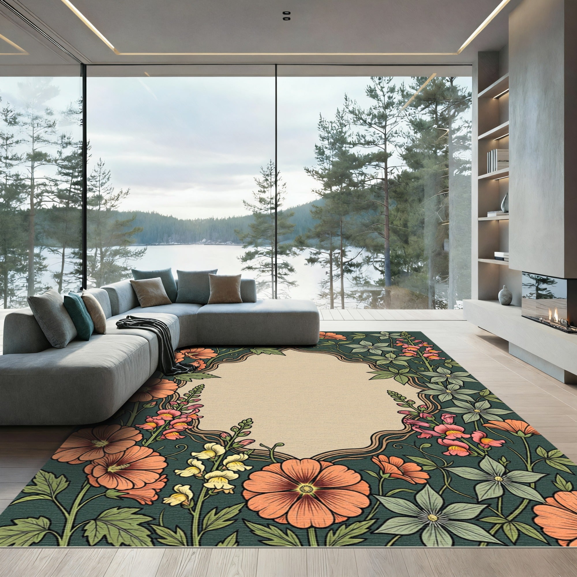 Coral Bloom Whimsical Border Rug