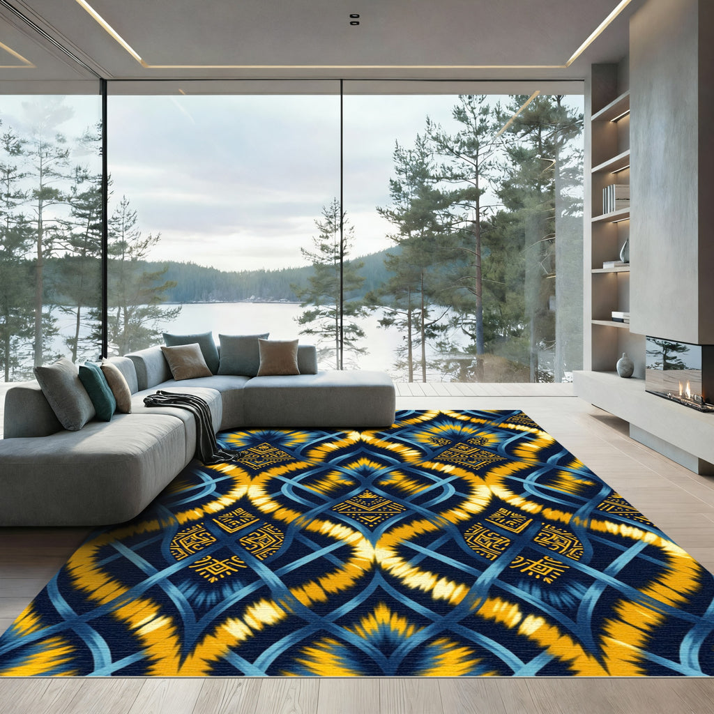 Deep Blue Yellow Tie Dye Lattice Rug
