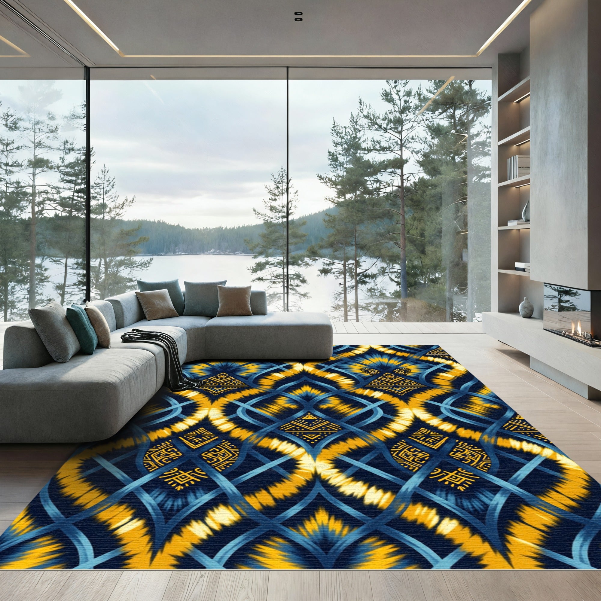 Deep Blue Yellow Tie Dye Lattice Rug