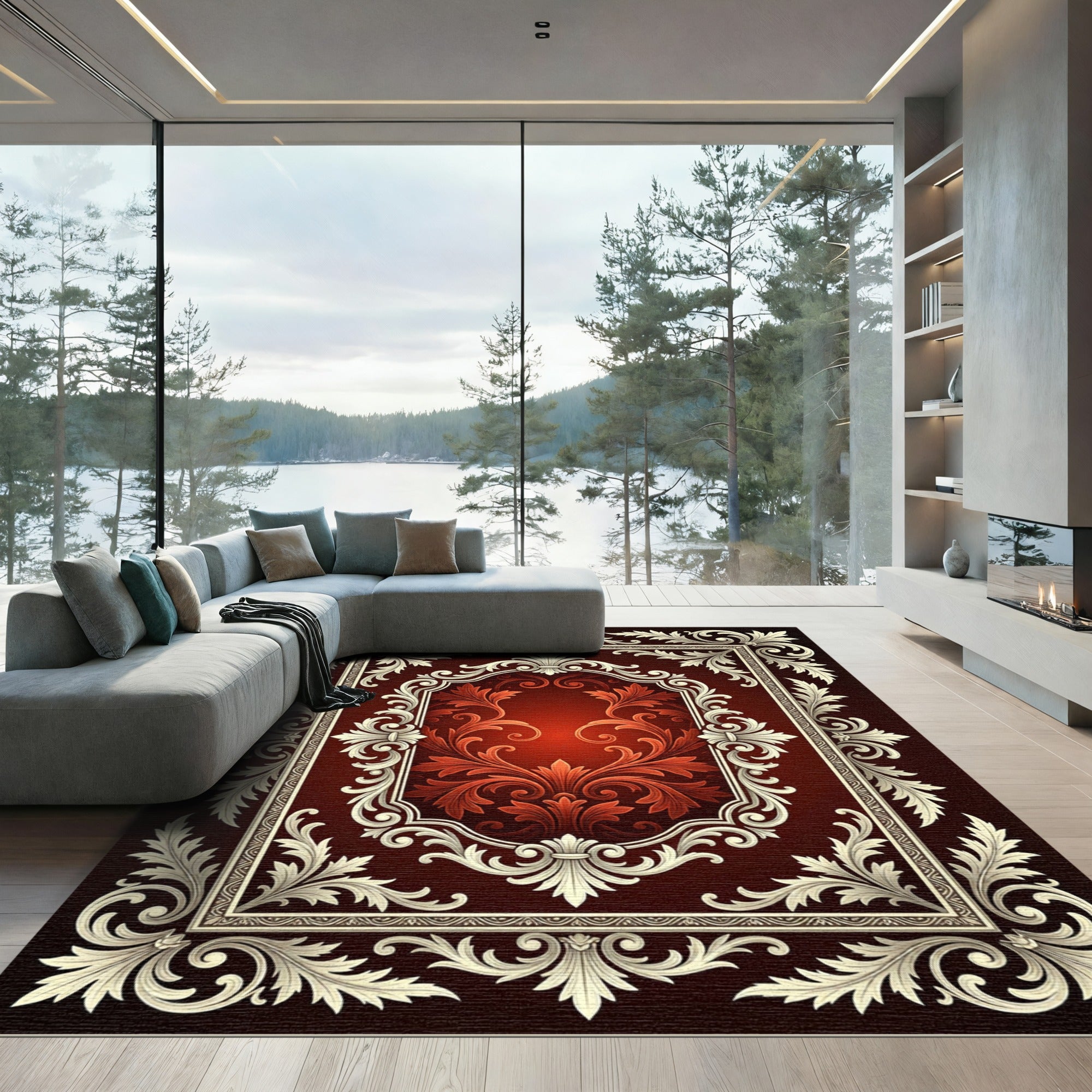 Ornate Crimson Floral Scrollwork Rug