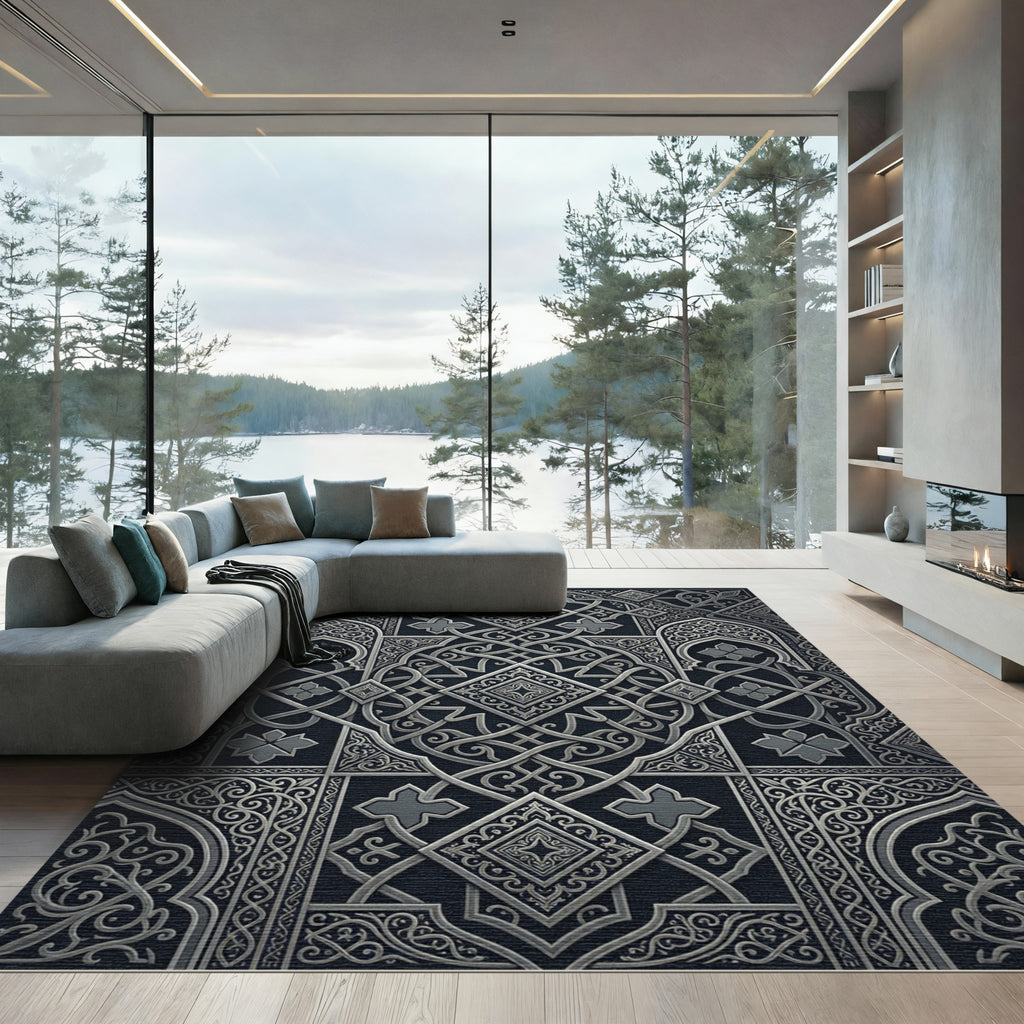 Silver Ornate Arabesque Interwoven Entwined Geometric Rug
