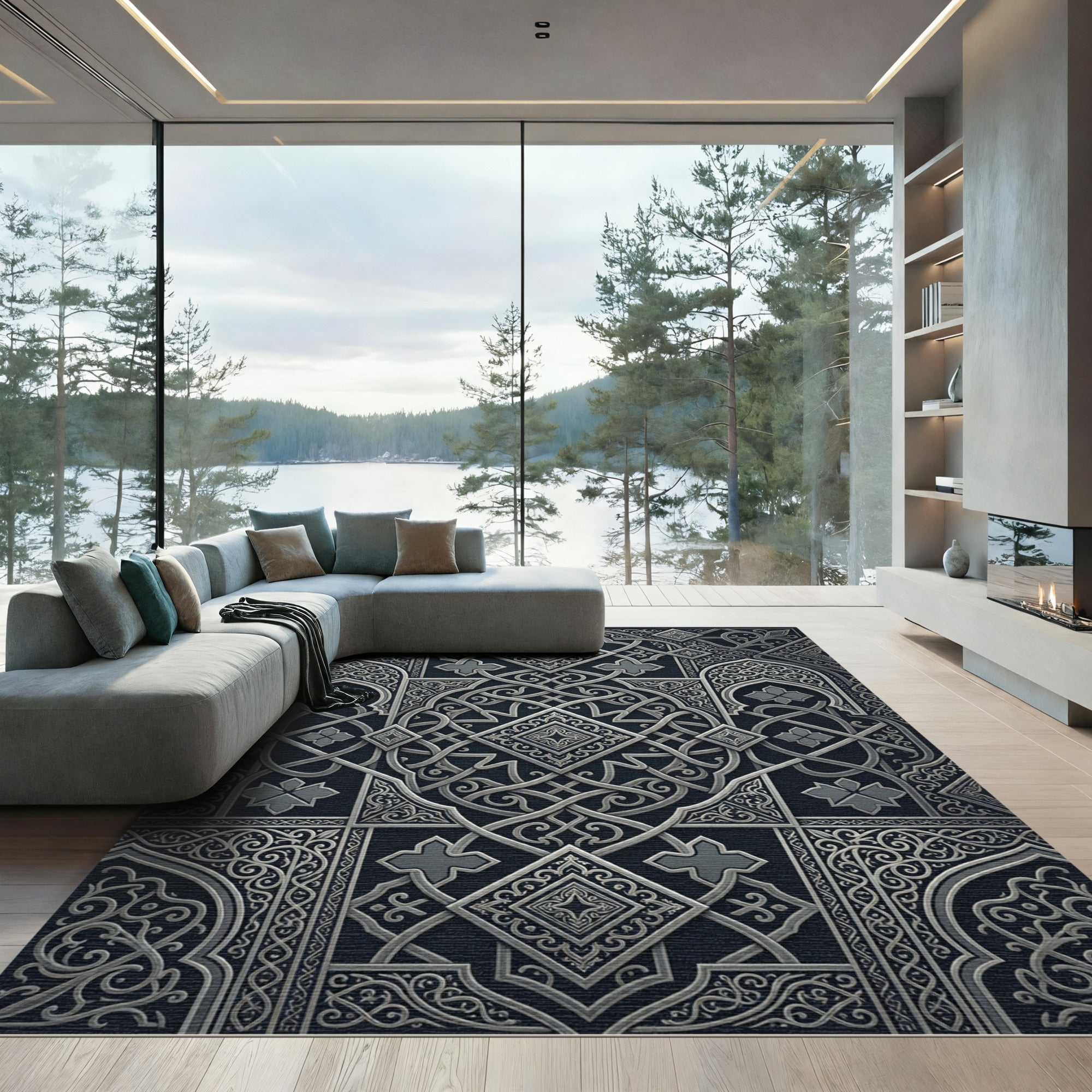 Silver Ornate Arabesque Interwoven Entwined Geometric Rug