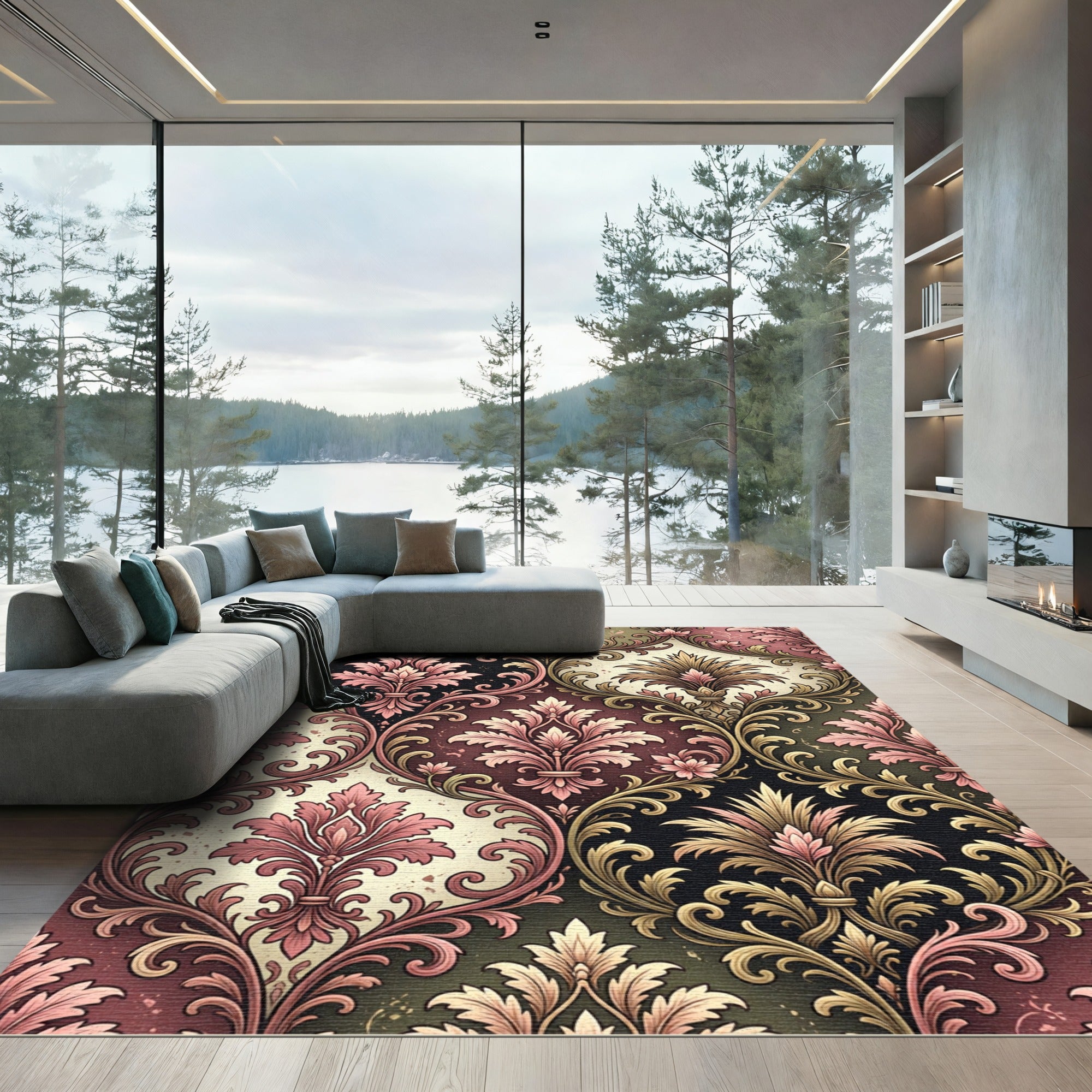 Elegant Pink Floral Damask Scroll Rug
