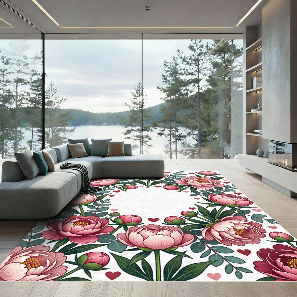 Pink Peony Floral Heart Frame Rug