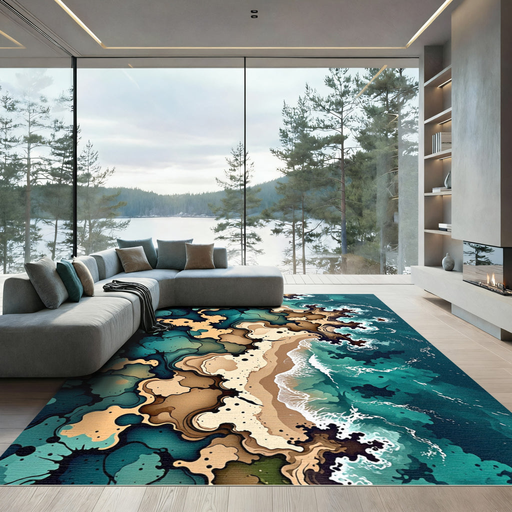 Abstract Coastal Flowing Teal Sand Rug