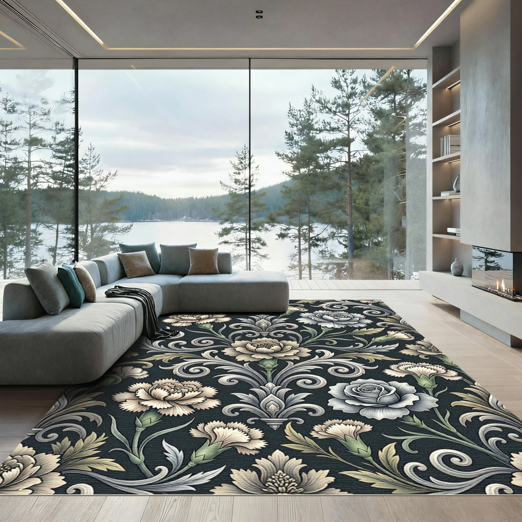 Dark Floral Damask with Creamy Accents Rug