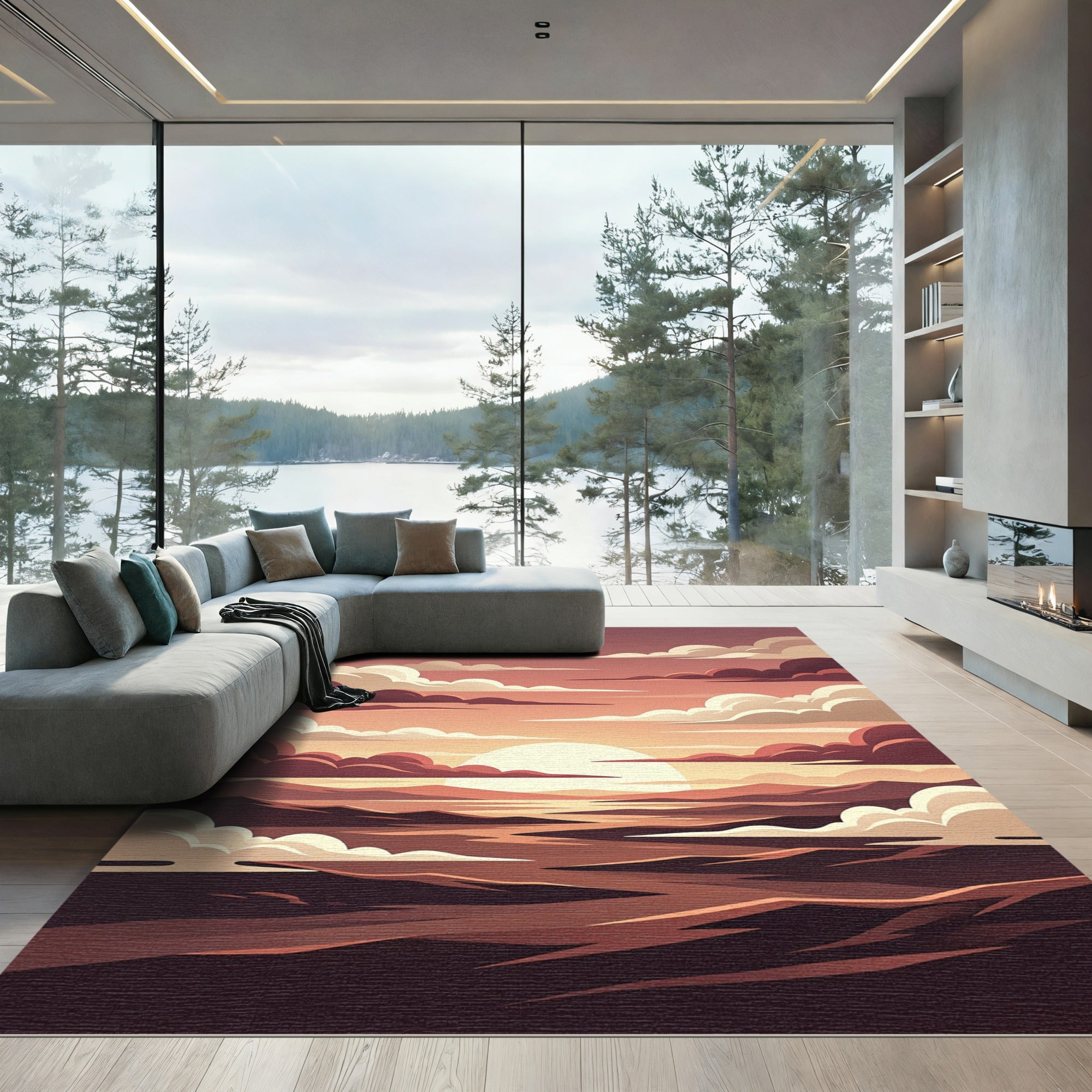 Crimson Sunset Over Molten Mountain Landscape Rug