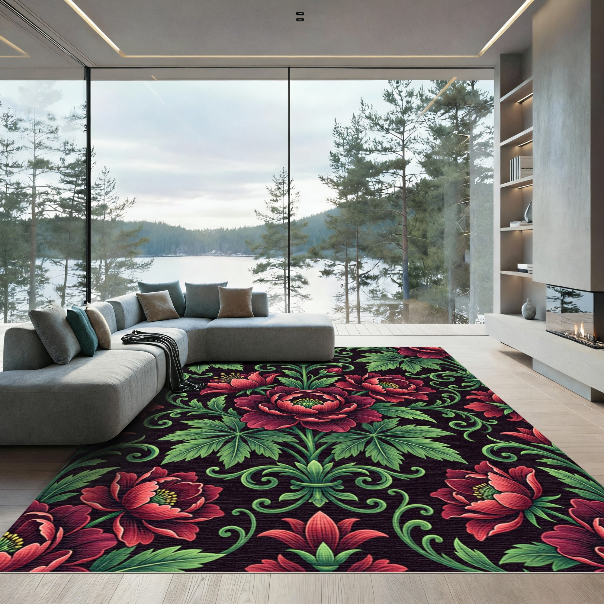 Ornate Crimson Floral Garland Rug