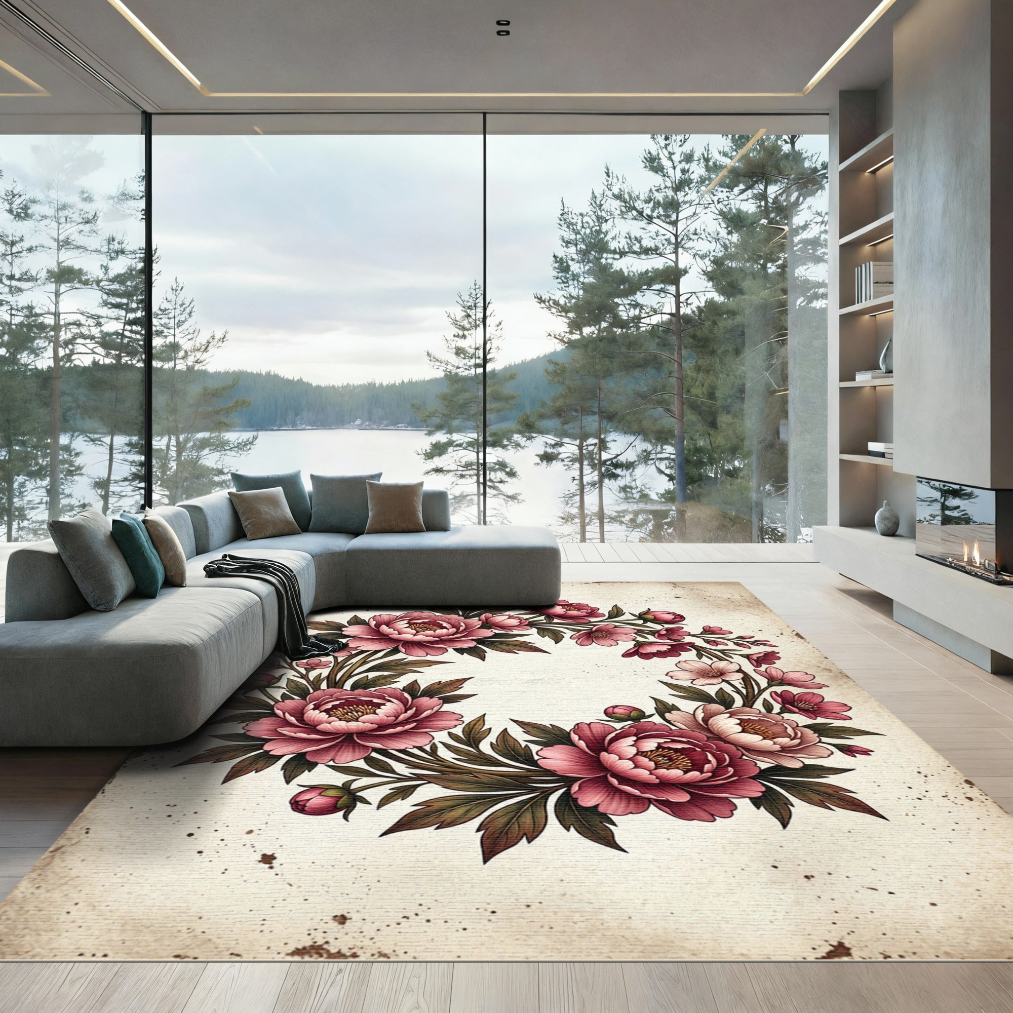 Pink Peony Floral Wreath Rug