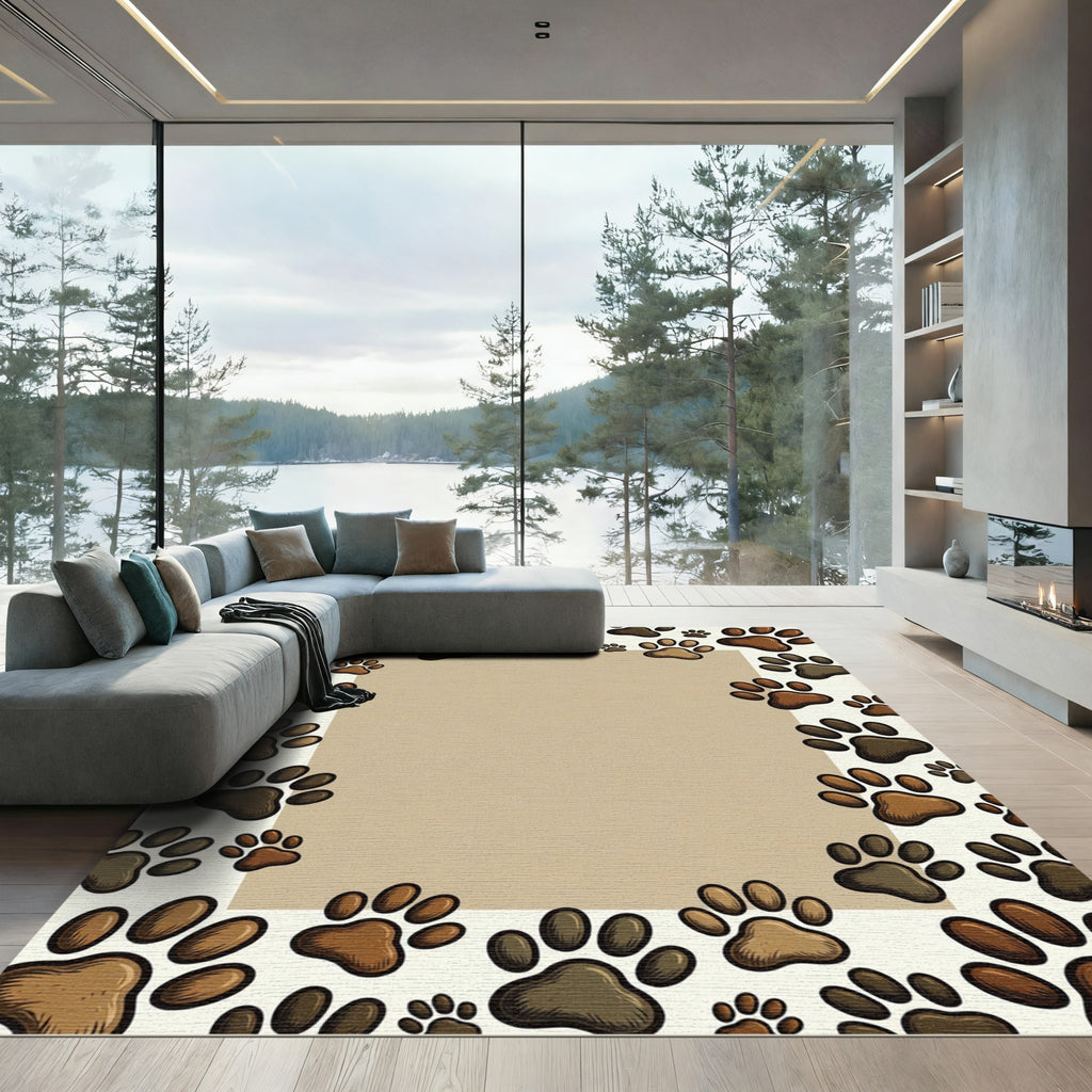 Playful Brown Paw Footprint Border Rug