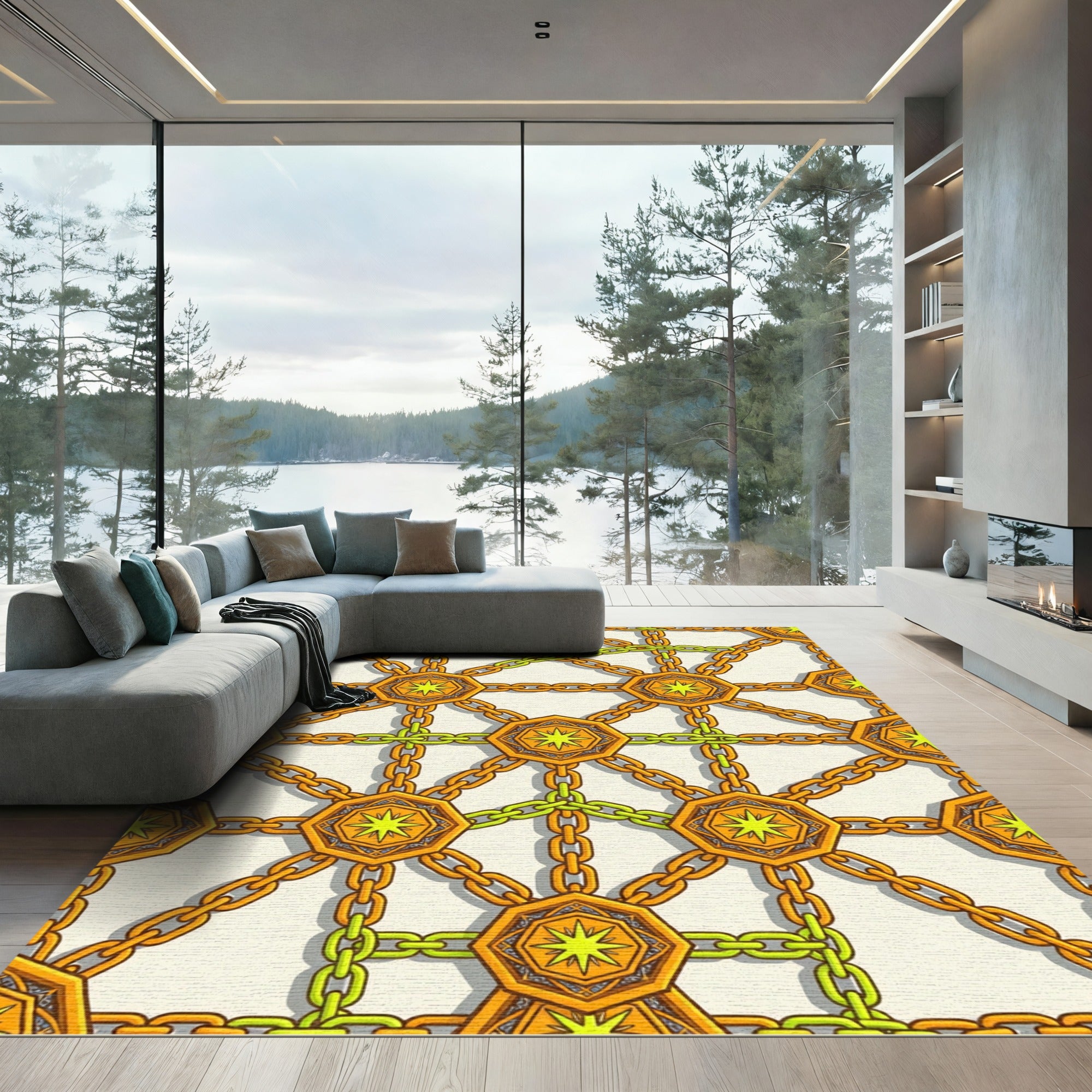 Golden Geometric Chain Linked Star Medallion Rug