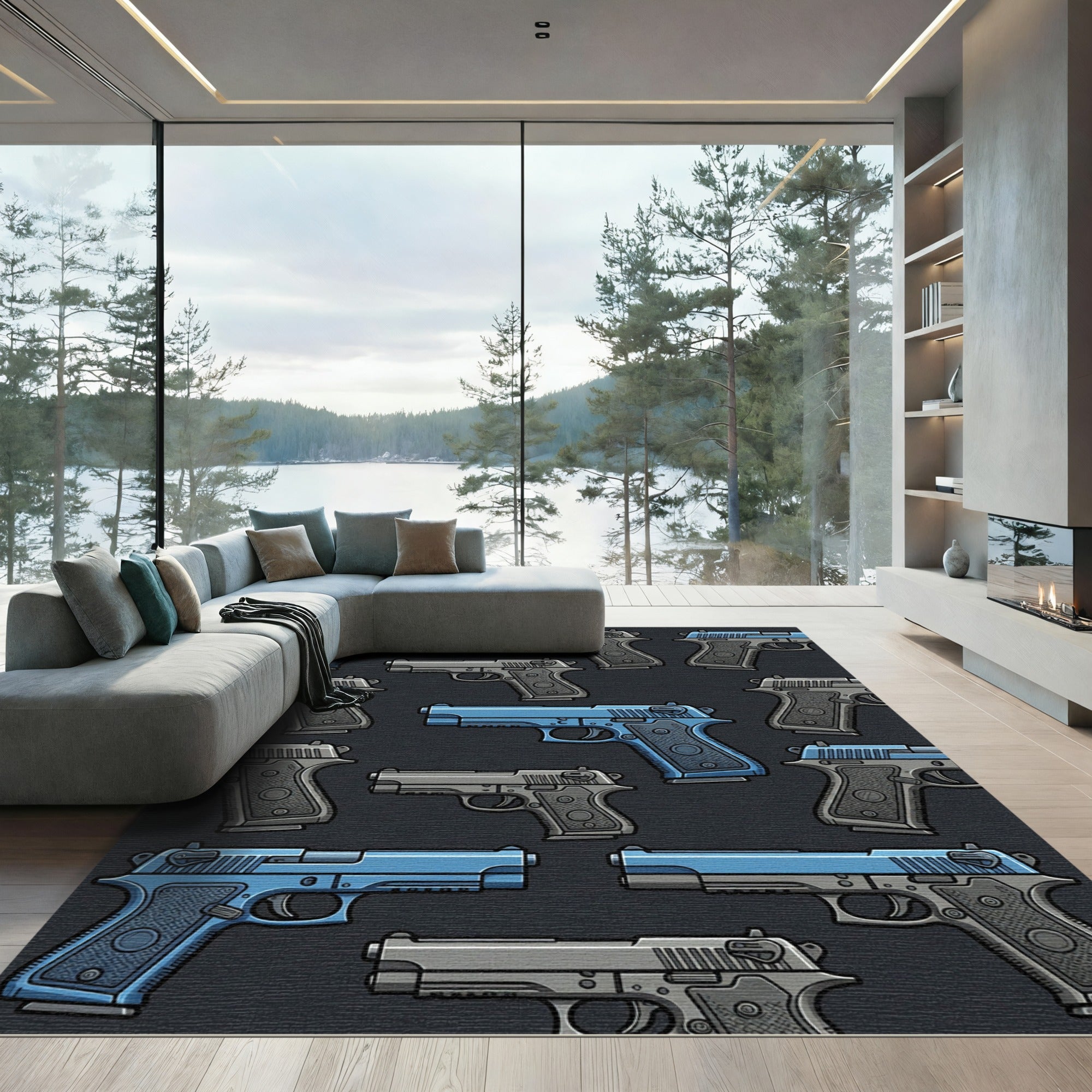 Tactical Blue and Gray Revolver Illustration Rug