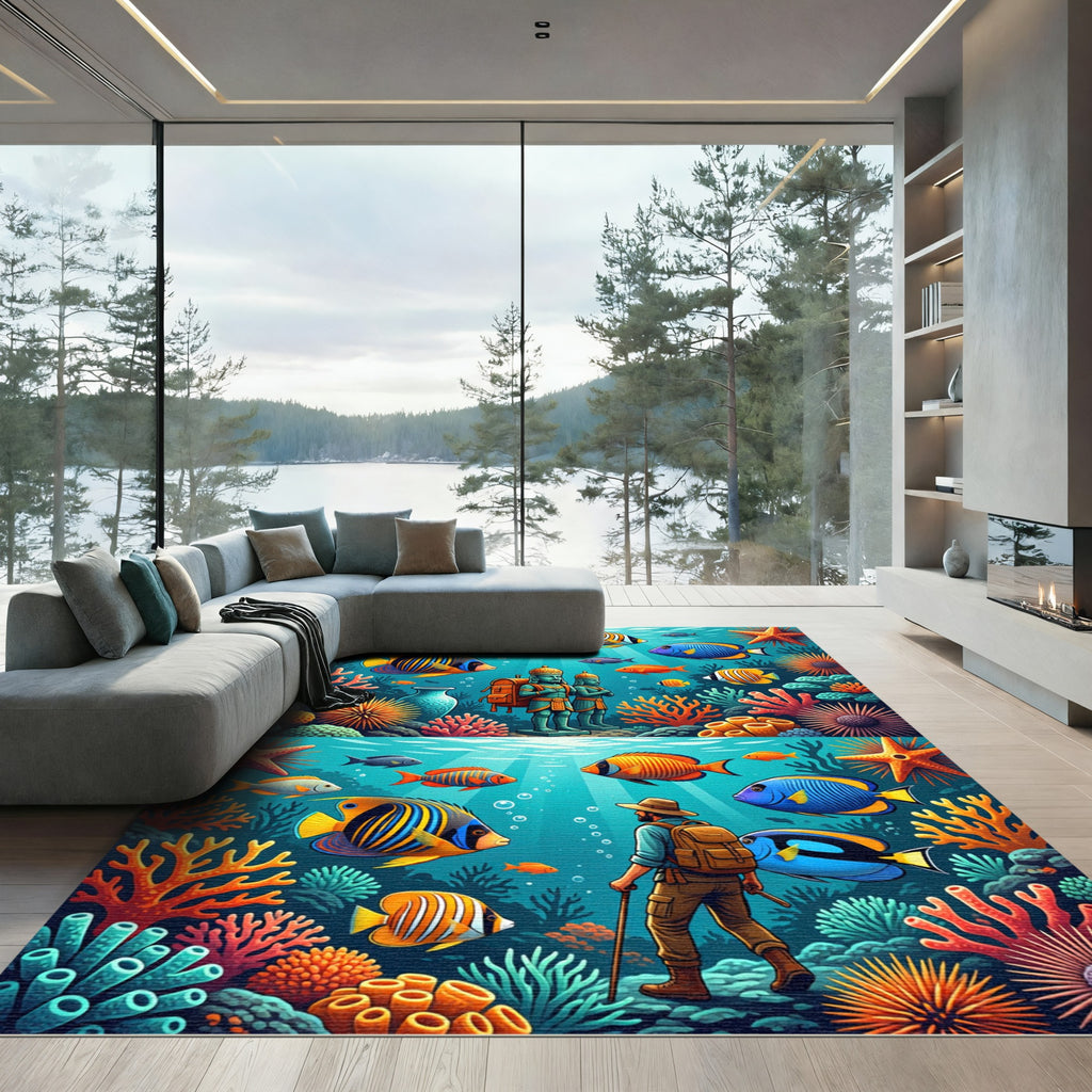 Vibrant Underwater Coral Reef Exploration Scene Rug